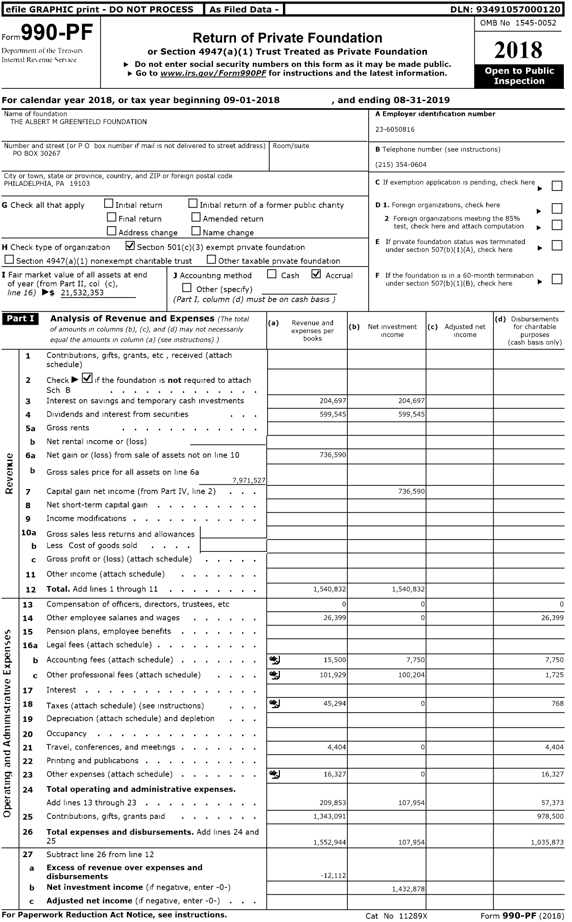 Image of first page of 2018 Form 990PR for The Albert M Greenfield Foundation