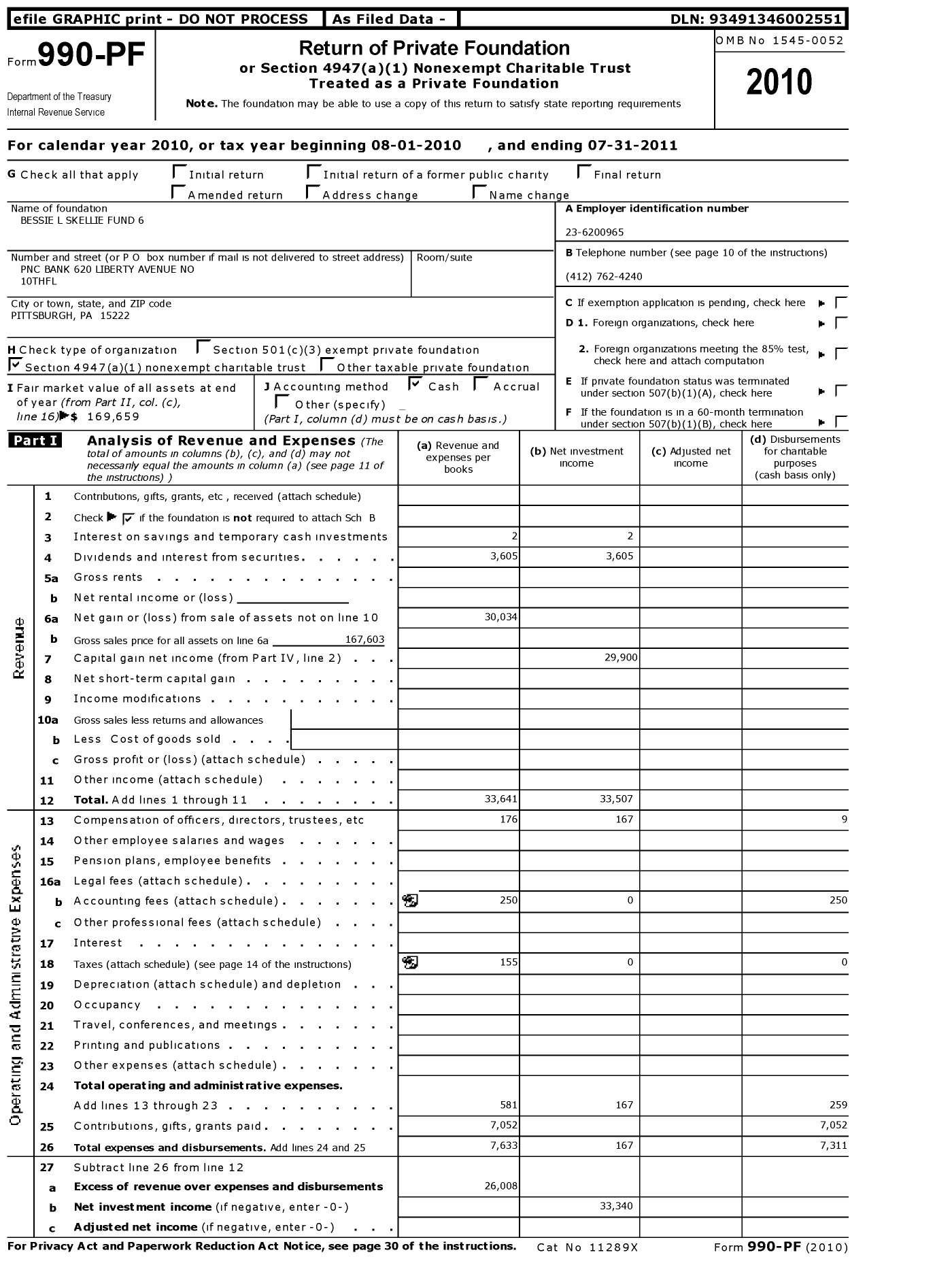 Image of first page of 2010 Form 990PF for Bessie L Skellie Fund 6