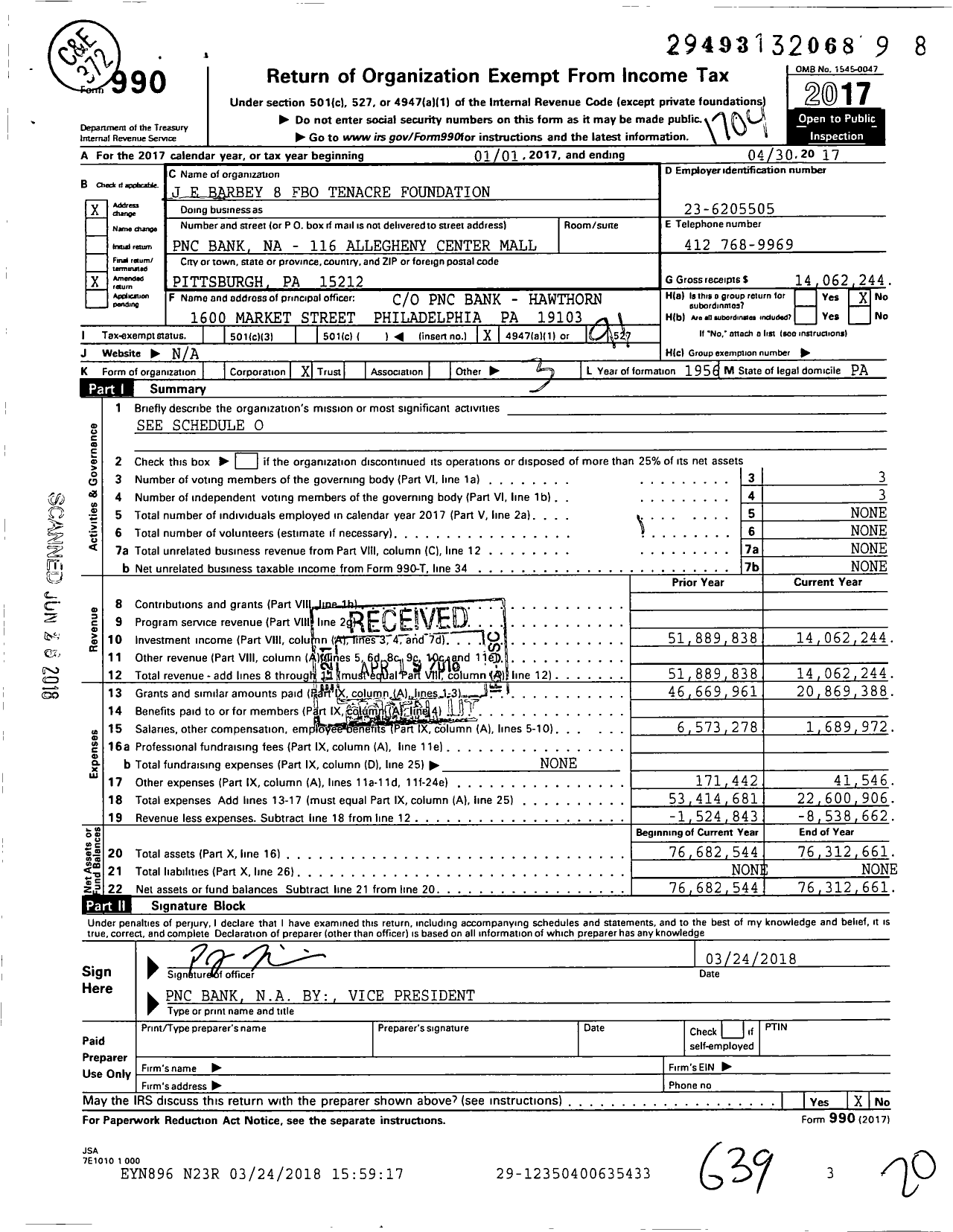 Image of first page of 2016 Form 990O for JE E Barbey 8 Fbo Tenacre Foundation