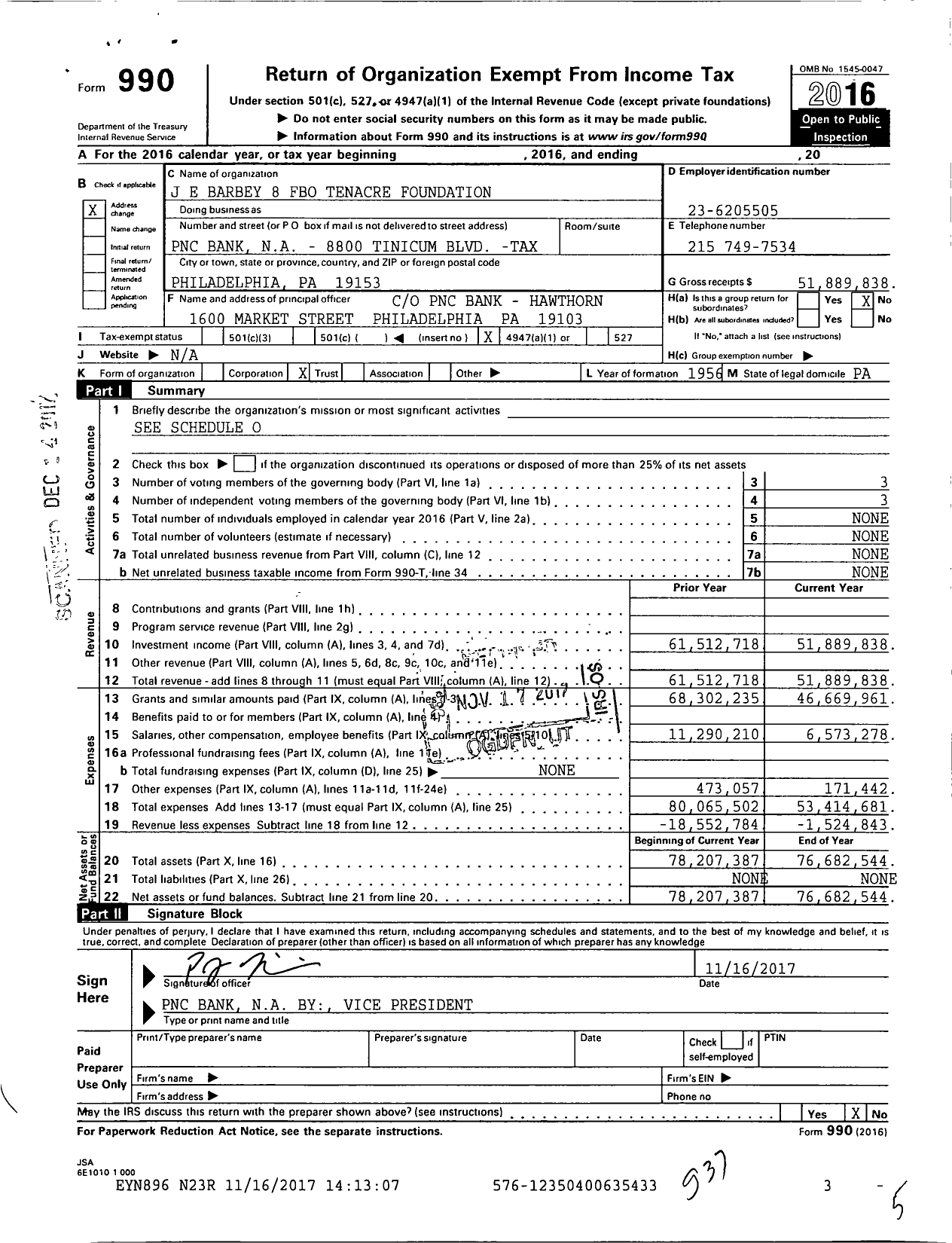 Image of first page of 2016 Form 990O for JE E Barbey 8 Fbo Tenacre Foundation