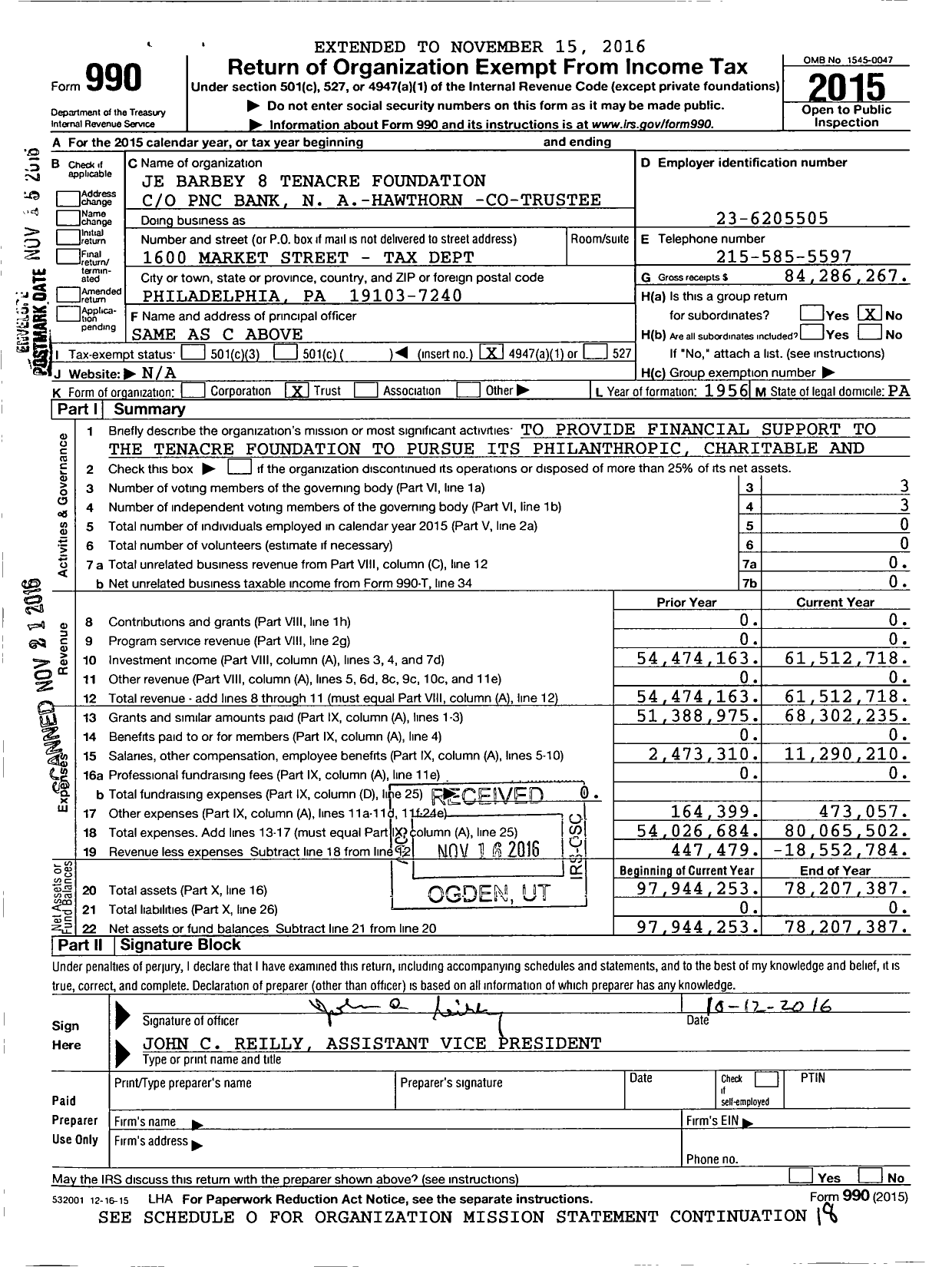 Image of first page of 2015 Form 990O for JE E Barbey 8 Fbo Tenacre Foundation