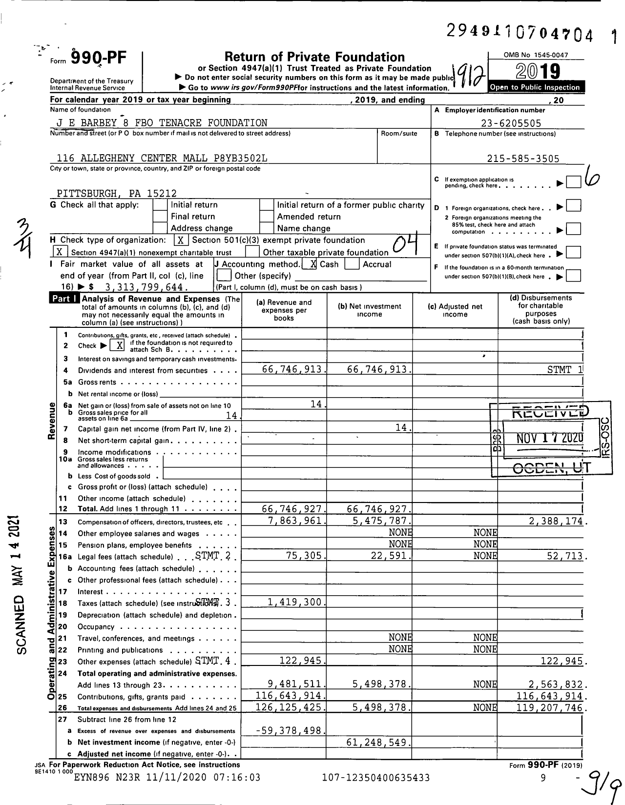 Image of first page of 2019 Form 990PF for J E Barbey 8 Fbo Tenacre Foundation