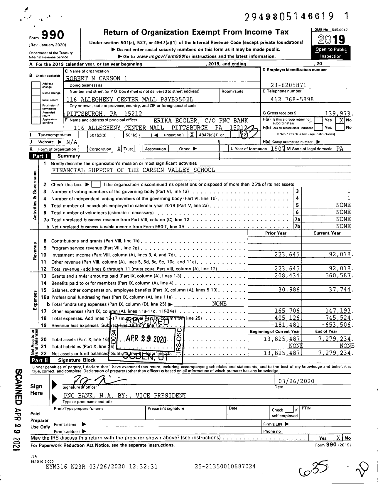 Image of first page of 2019 Form 990 for Robert N Carson 1