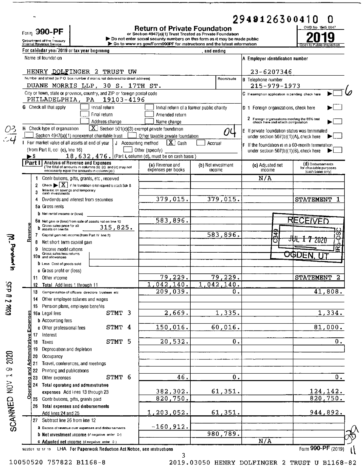 Image of first page of 2019 Form 990PF for Henry Dolfinger 2 Trust Uw