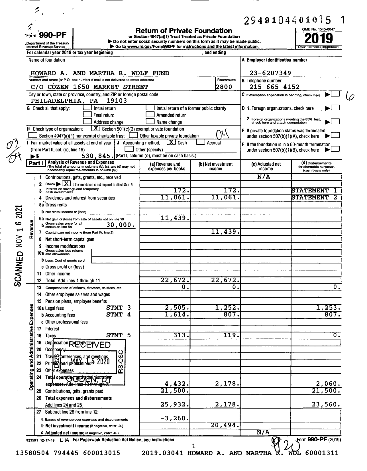 Image of first page of 2019 Form 990PF for Howard A and Martha R Wolf Fund