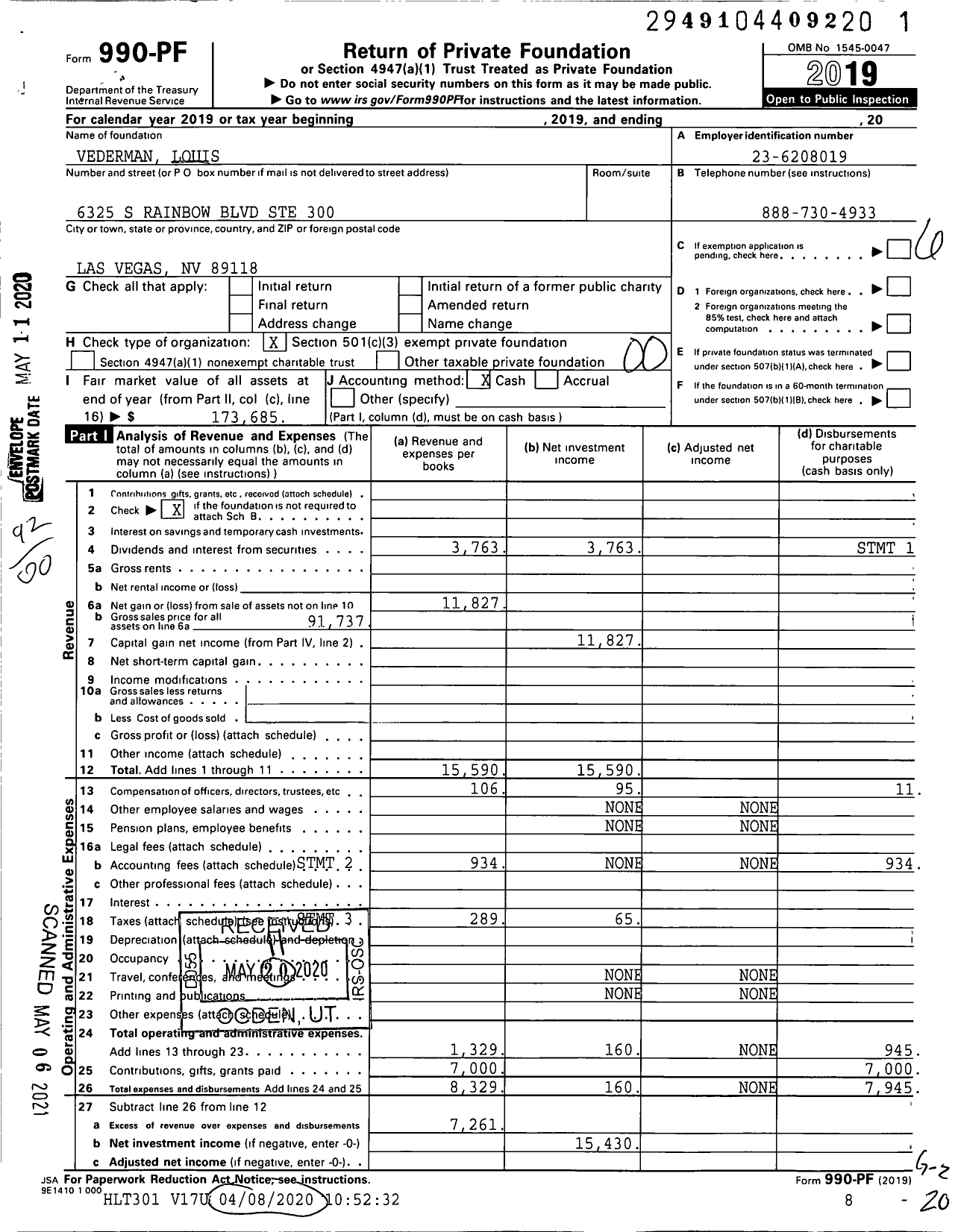 Image of first page of 2019 Form 990PF for Vederman Louis