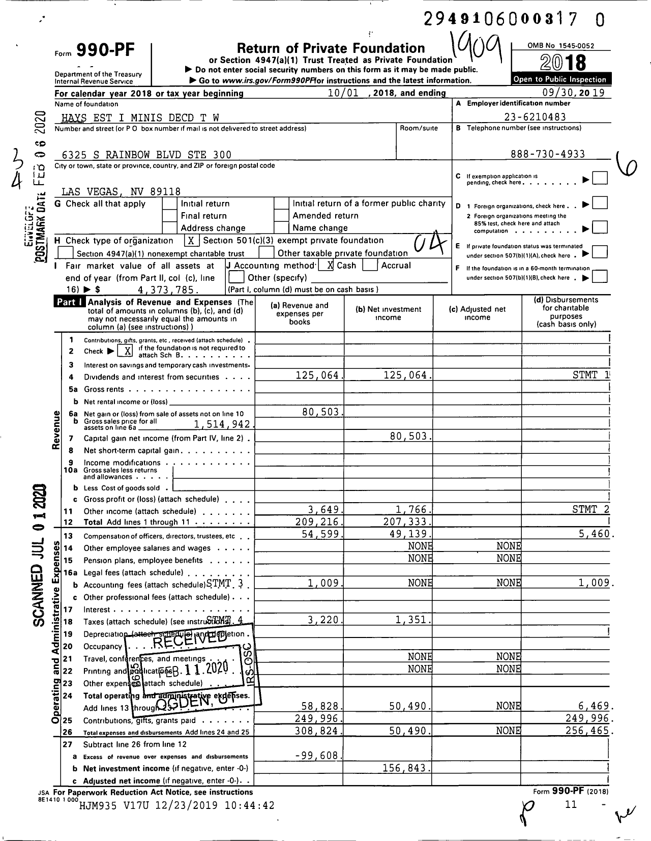 Image of first page of 2018 Form 990PR for Hays Est I Minis Decd T W