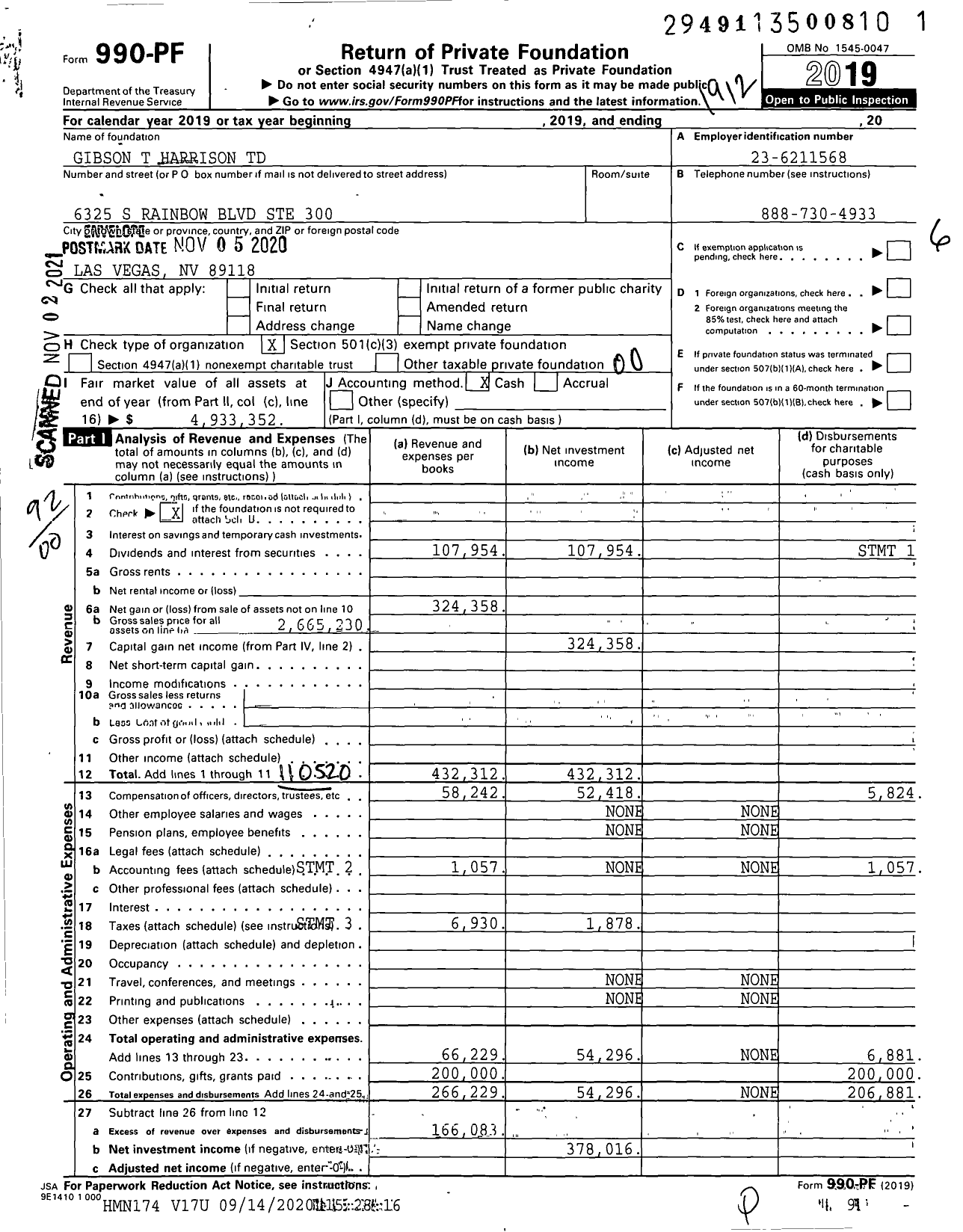 Image of first page of 2019 Form 990PF for Gibson T Harrison TD