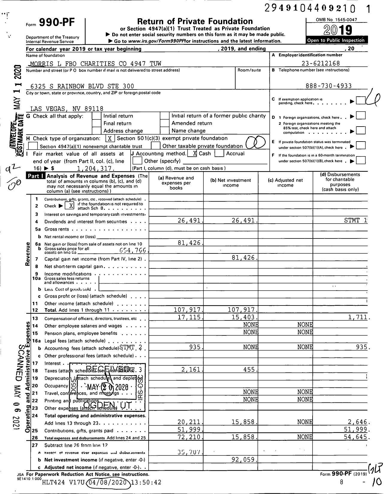 Image of first page of 2019 Form 990PF for Morris L Fbo Charities 4947 4947-tuw