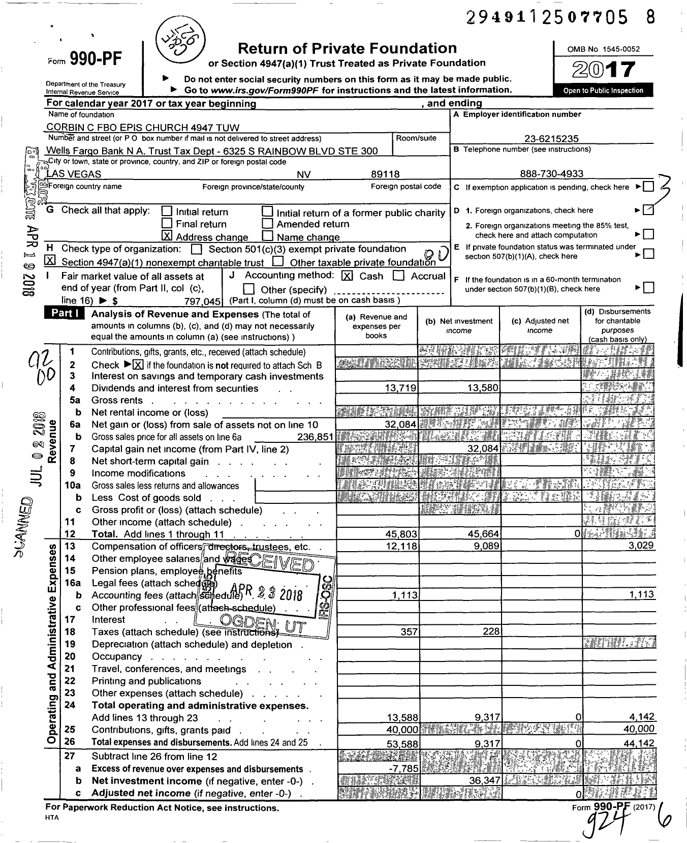 Image of first page of 2017 Form 990PF for Corbin C Fbo Epis Church 4947 Tuw