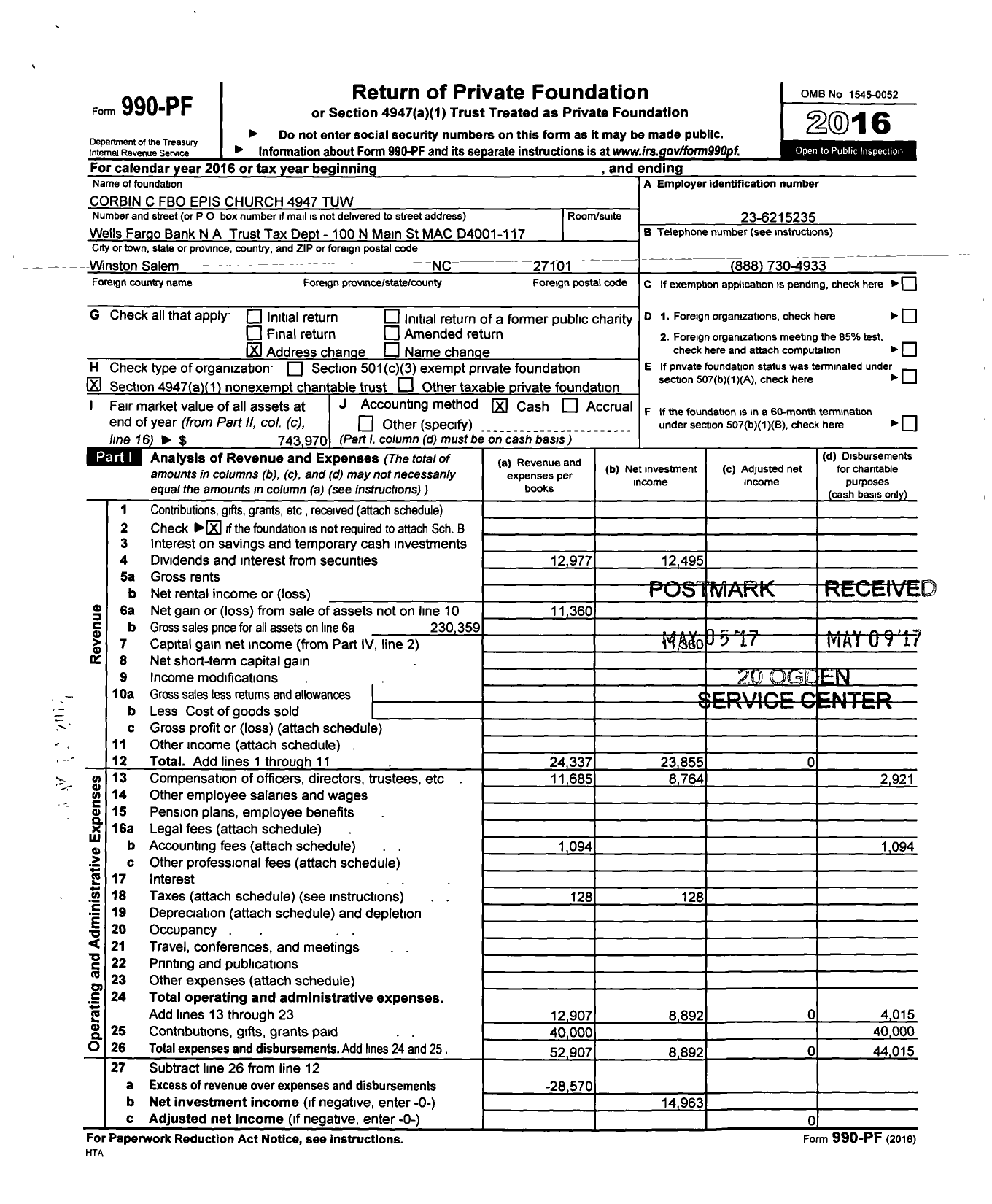 Image of first page of 2016 Form 990PF for Corbin C Fbo Epis Church 4947 Tuw