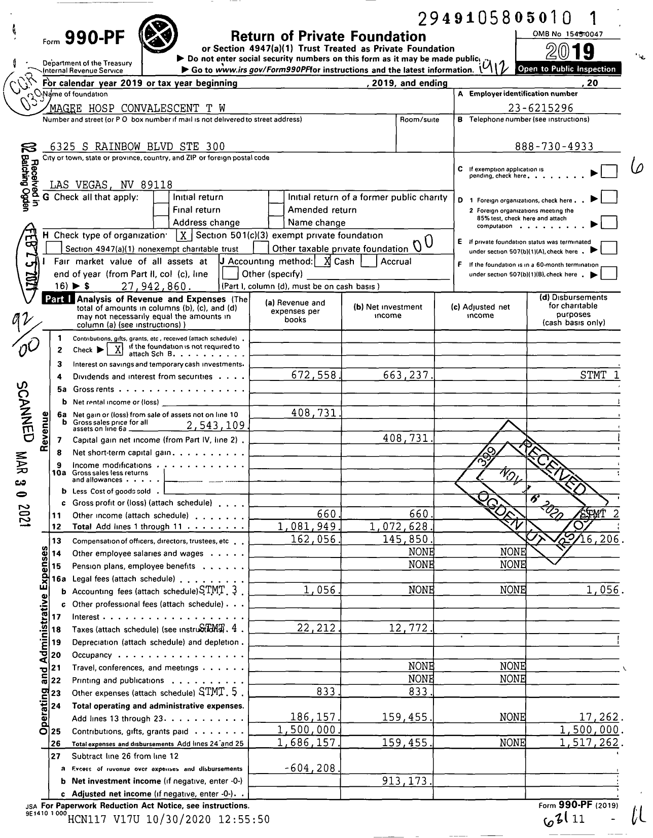 Image of first page of 2019 Form 990PF for Magee Memorial Hospital Convalescent TW F