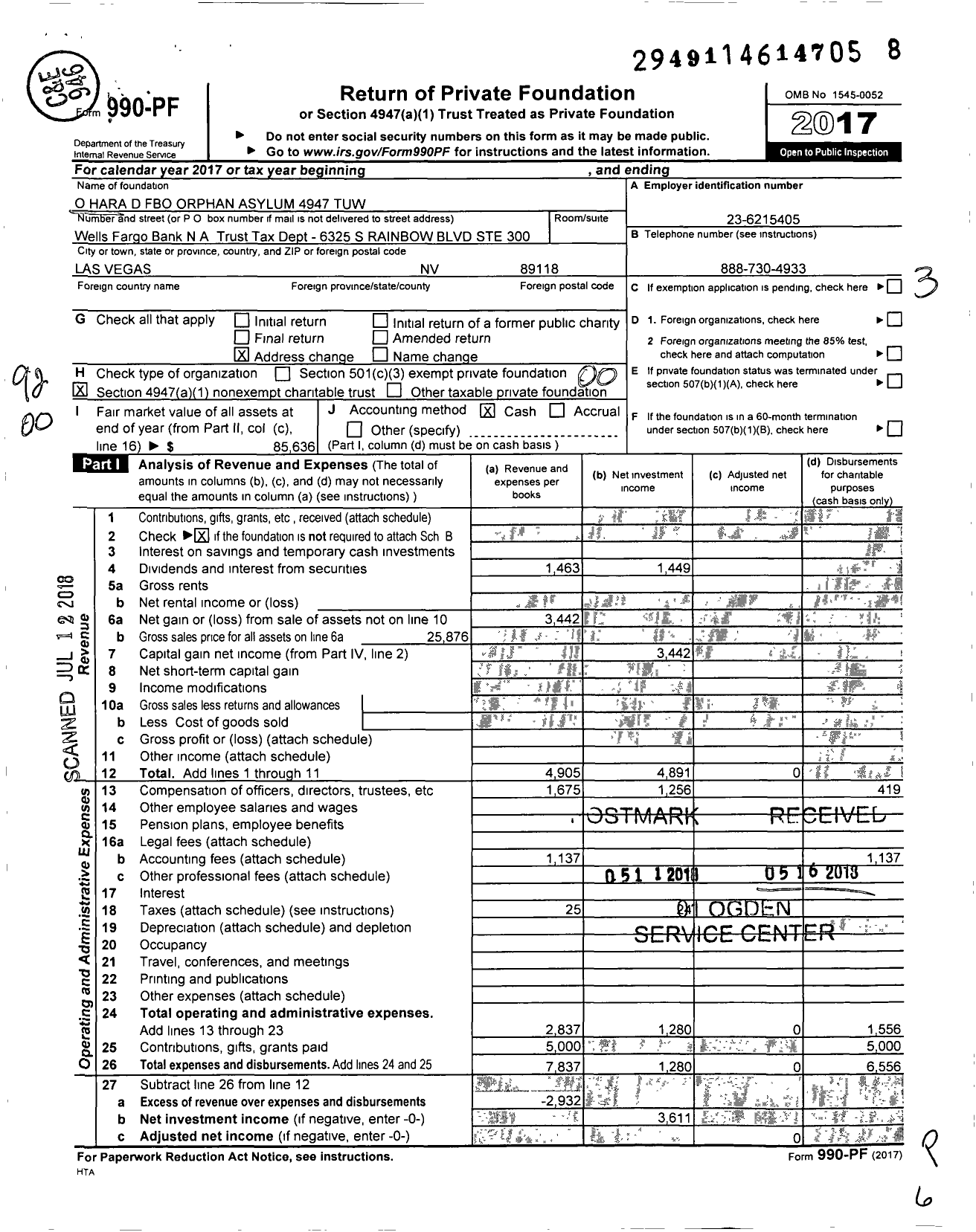 Image of first page of 2017 Form 990PF for O Hara D Fbo Orphan Asylum 4947 Tuw