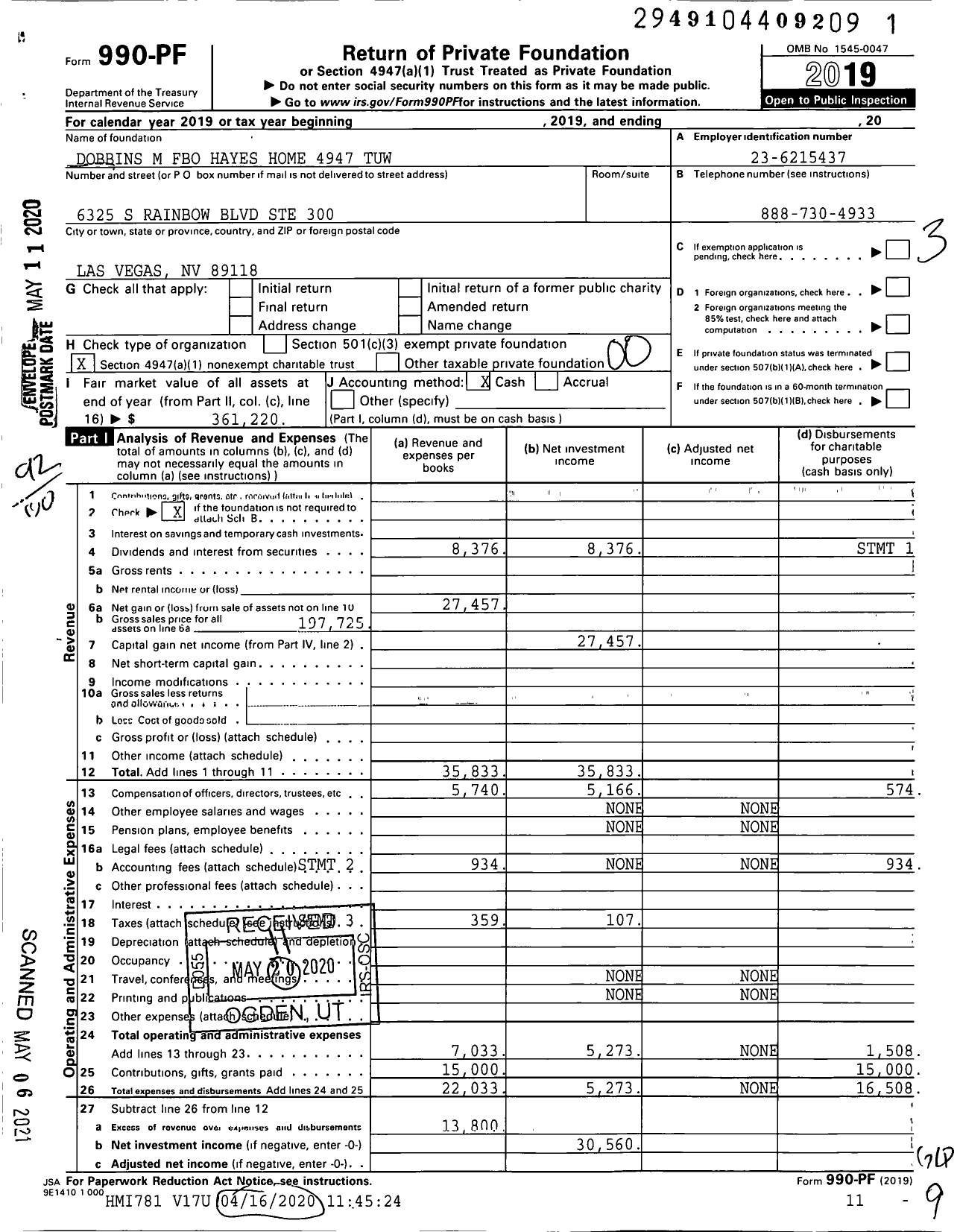 Image of first page of 2019 Form 990PF for Dobbins M Fbo Hayes Home 4947 4947-tuw