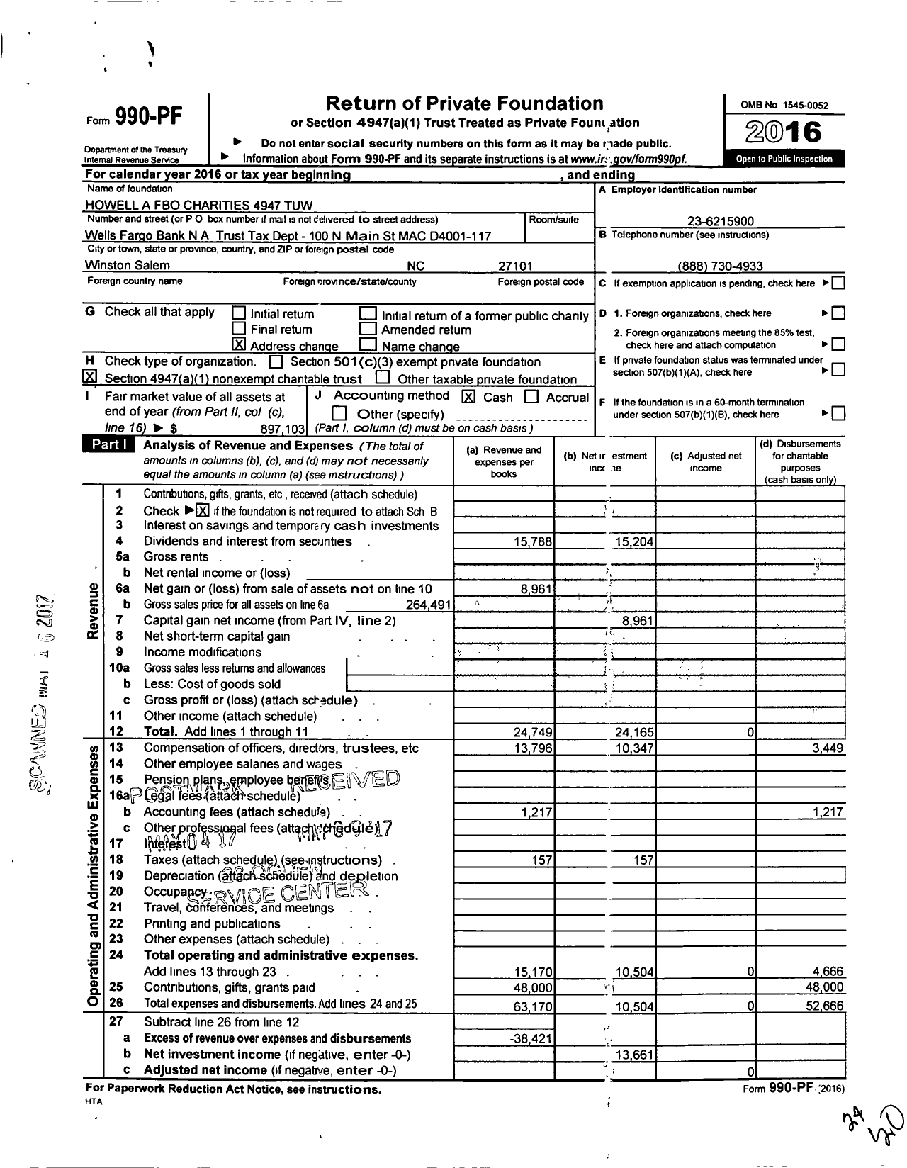 Image of first page of 2016 Form 990PF for Howell A Fbo Charities 4947 Tuw