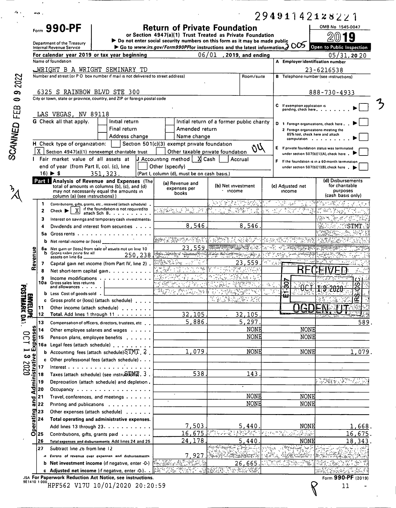 Image of first page of 2019 Form 990PF for Wright B A Wright Seminary TD