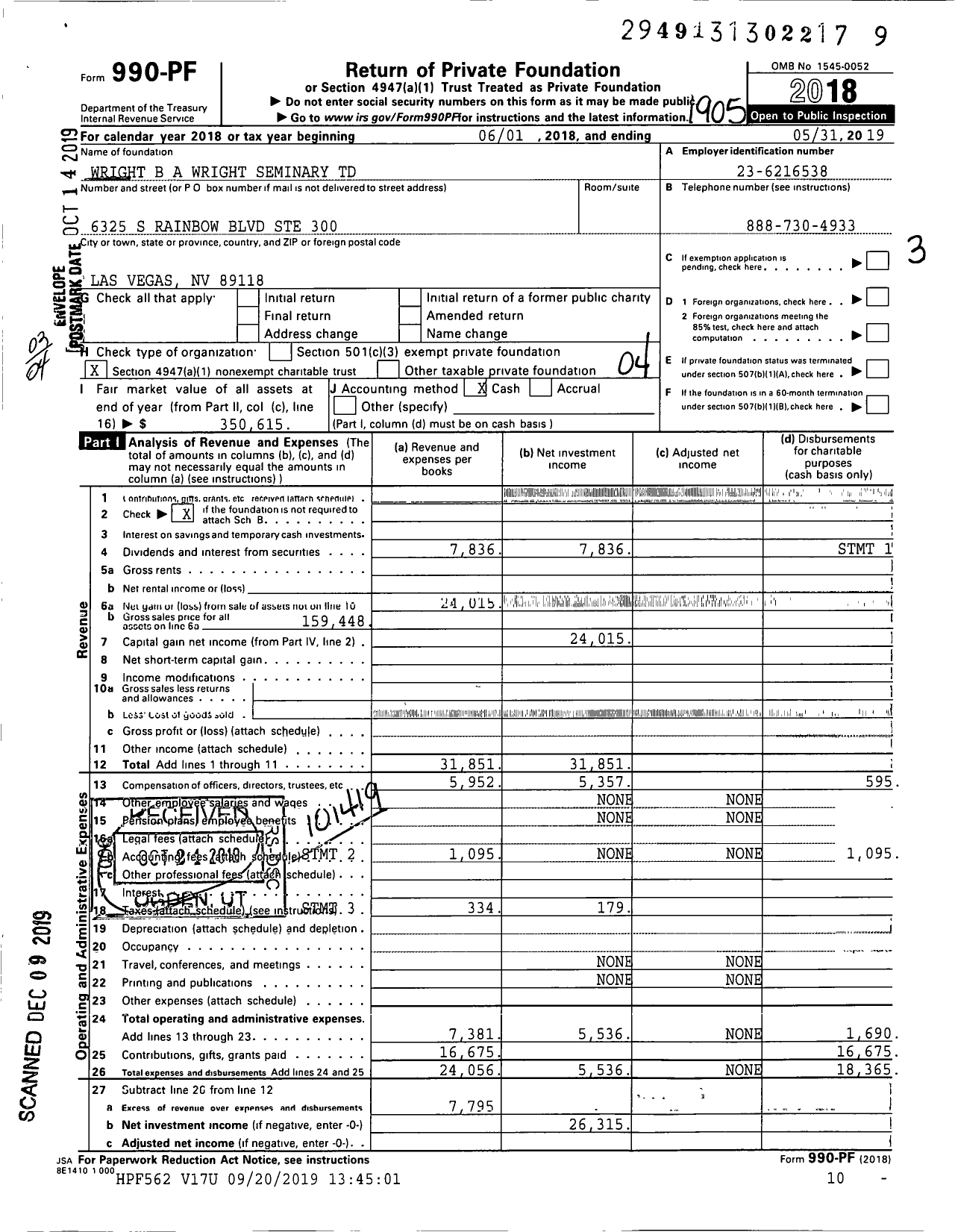 Image of first page of 2018 Form 990PF for Wright B A Wright Seminary TD