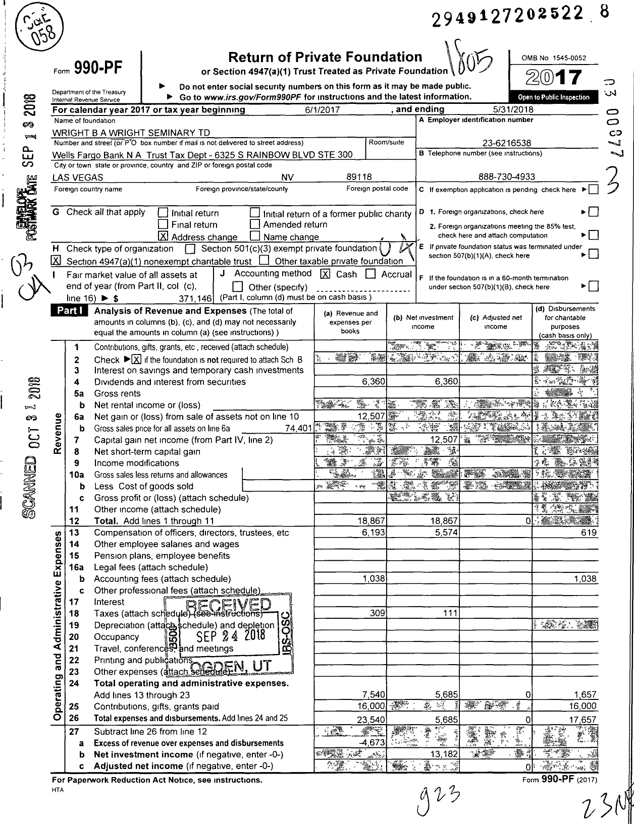 Image of first page of 2017 Form 990PF for Wright B A Wright Seminary TD