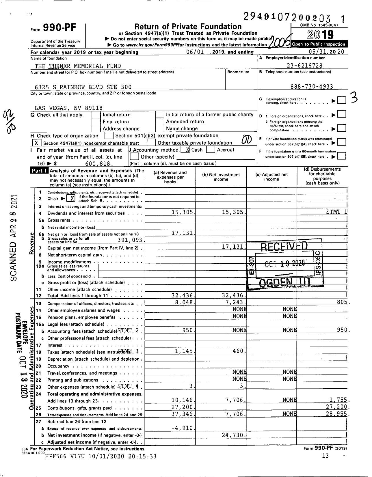 Image of first page of 2019 Form 990PF for Julia Memorial Turner FD 26000 Fbo Arch St