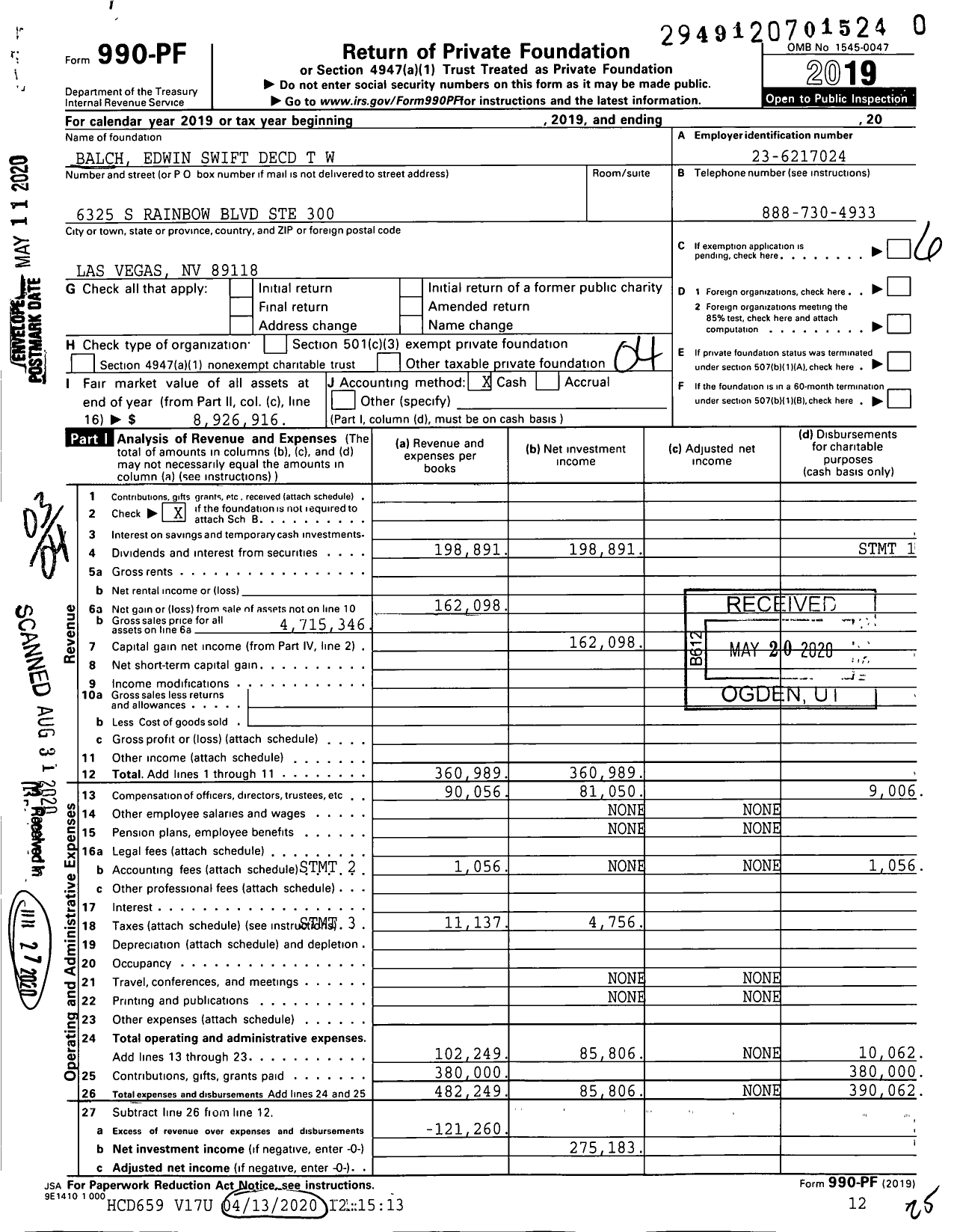 Image of first page of 2019 Form 990PR for Balch Edwin Swift Decd TW W