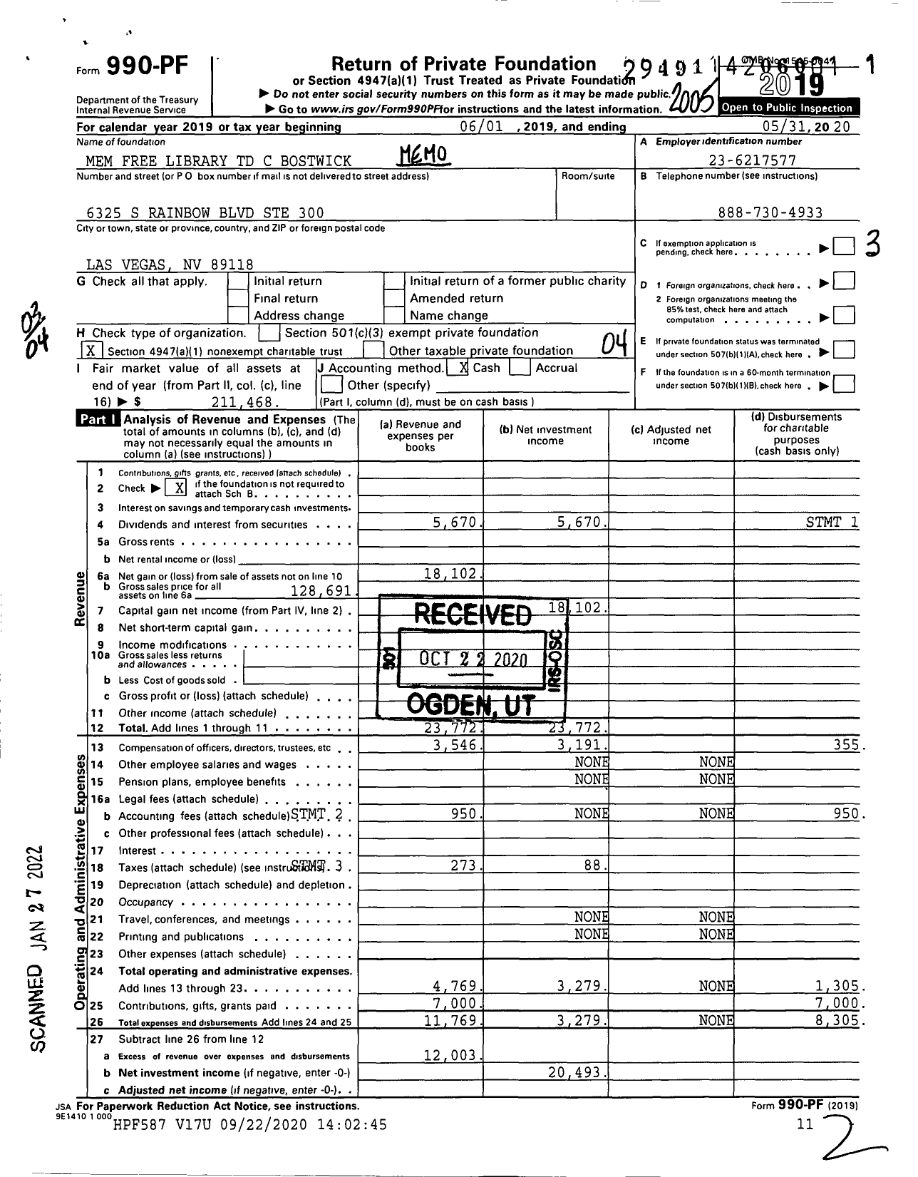 Image of first page of 2019 Form 990PF for Mem Free Library TD C Bostwick