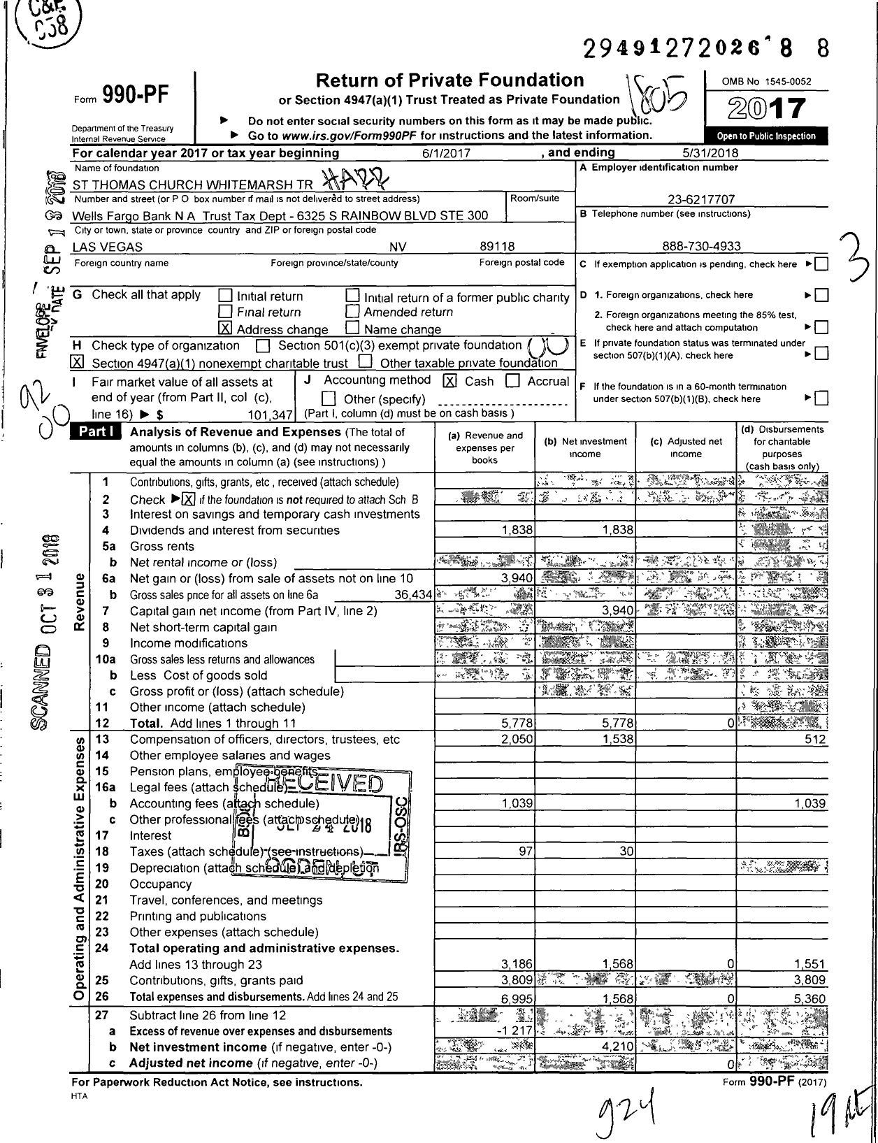 Image of first page of 2017 Form 990PF for St Thomas Church Whitemarsh Trust