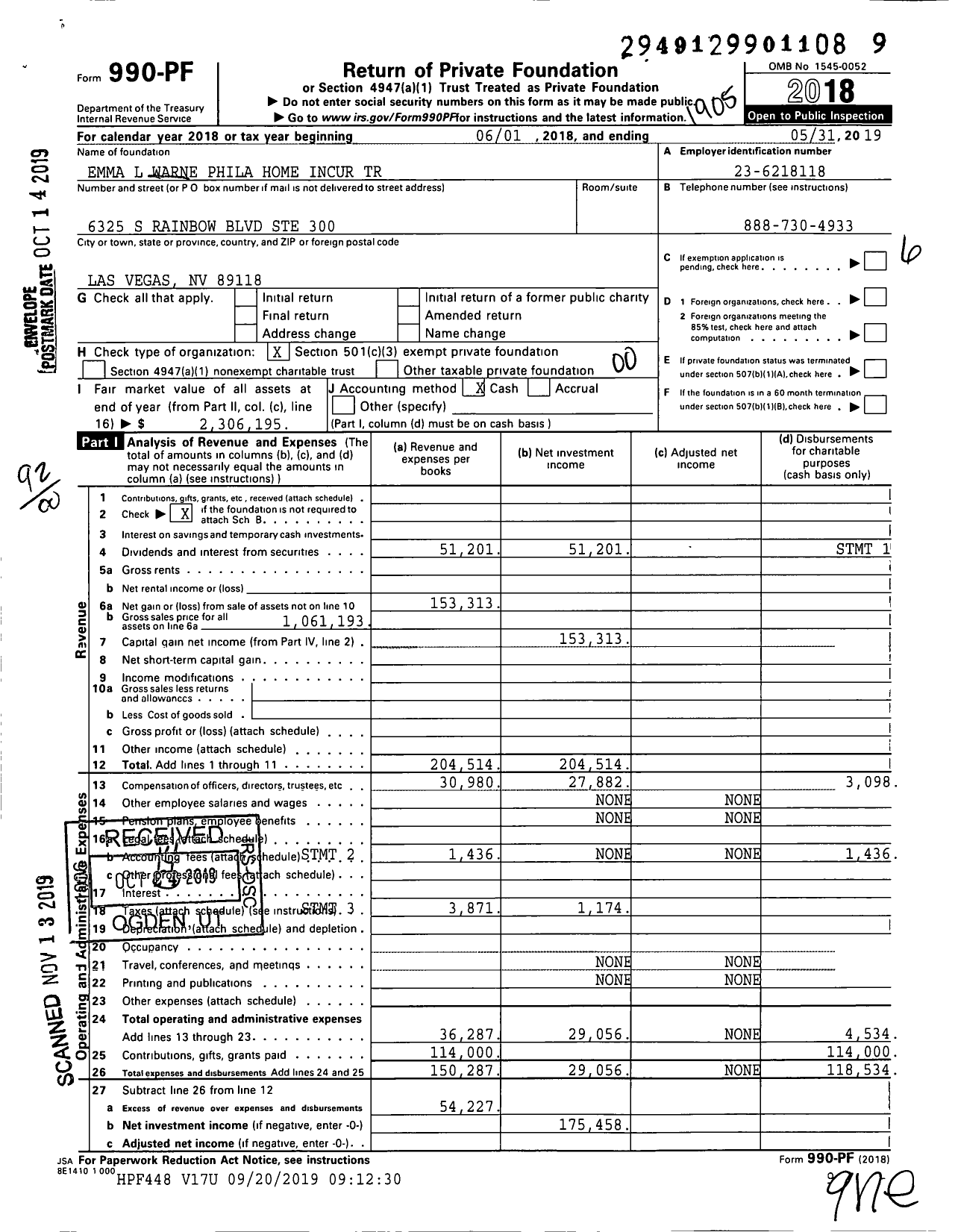 Image of first page of 2018 Form 990PF for Emma L Warne Phila Home Incur Trust