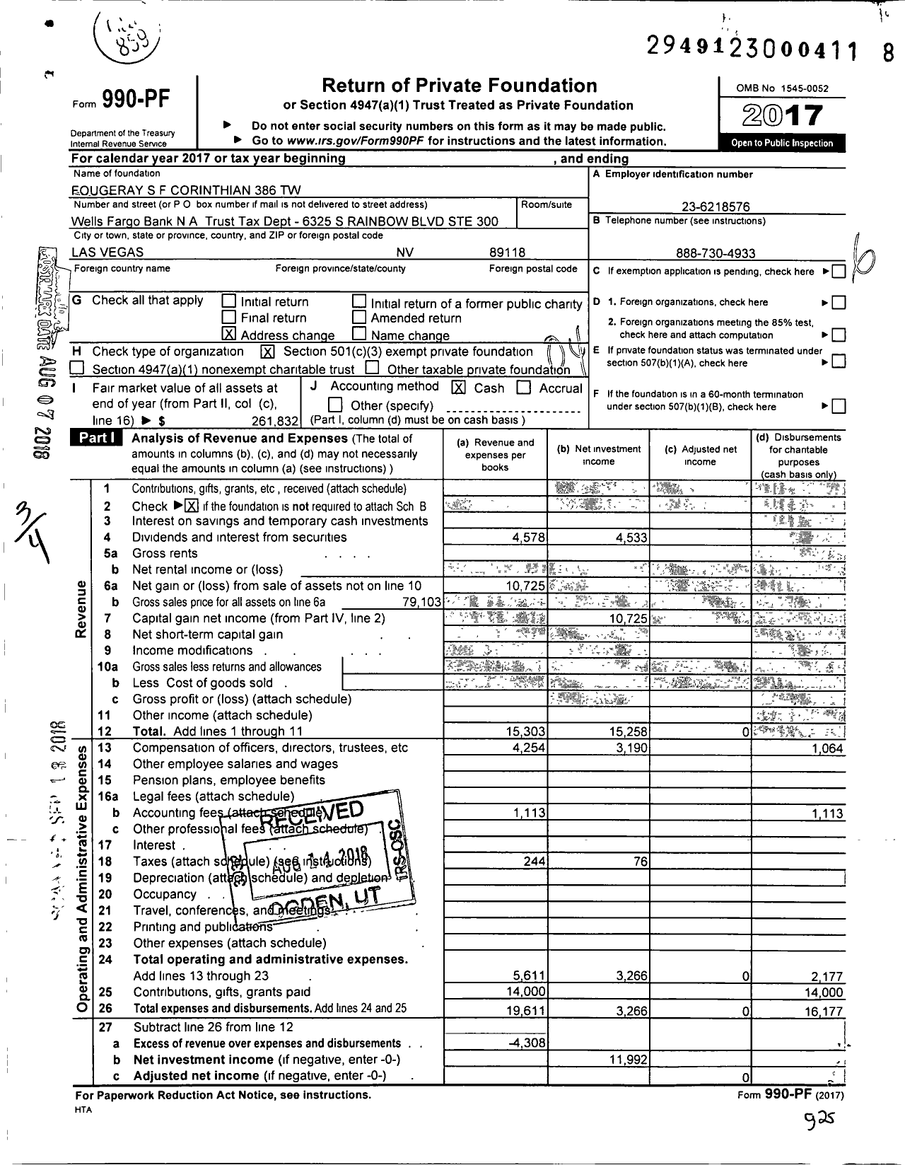 Image of first page of 2017 Form 990PF for Fougeray S F Corinthian 386 TW