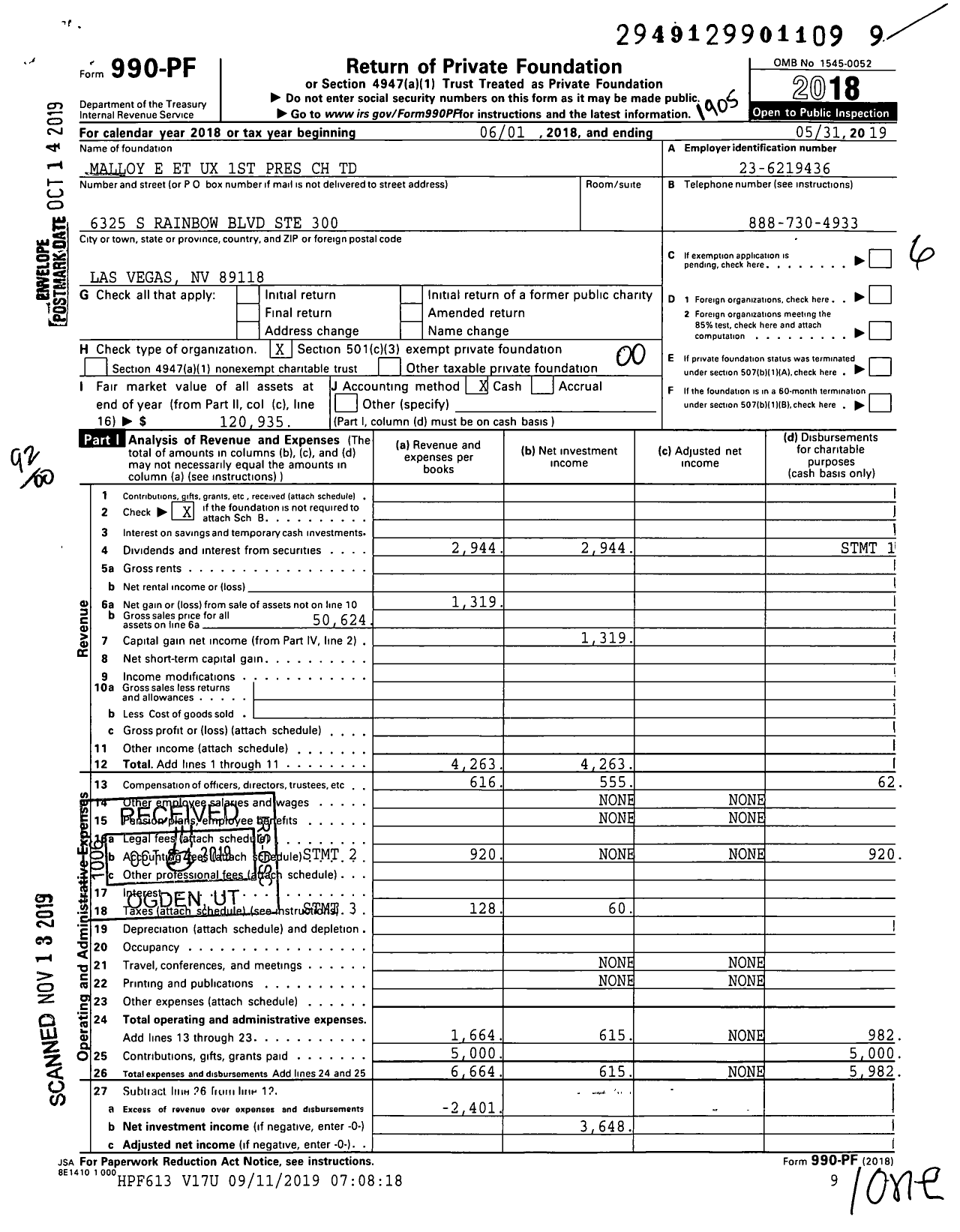 Image of first page of 2018 Form 990PF for Malloy E Et Ux 1st Pres CH TD