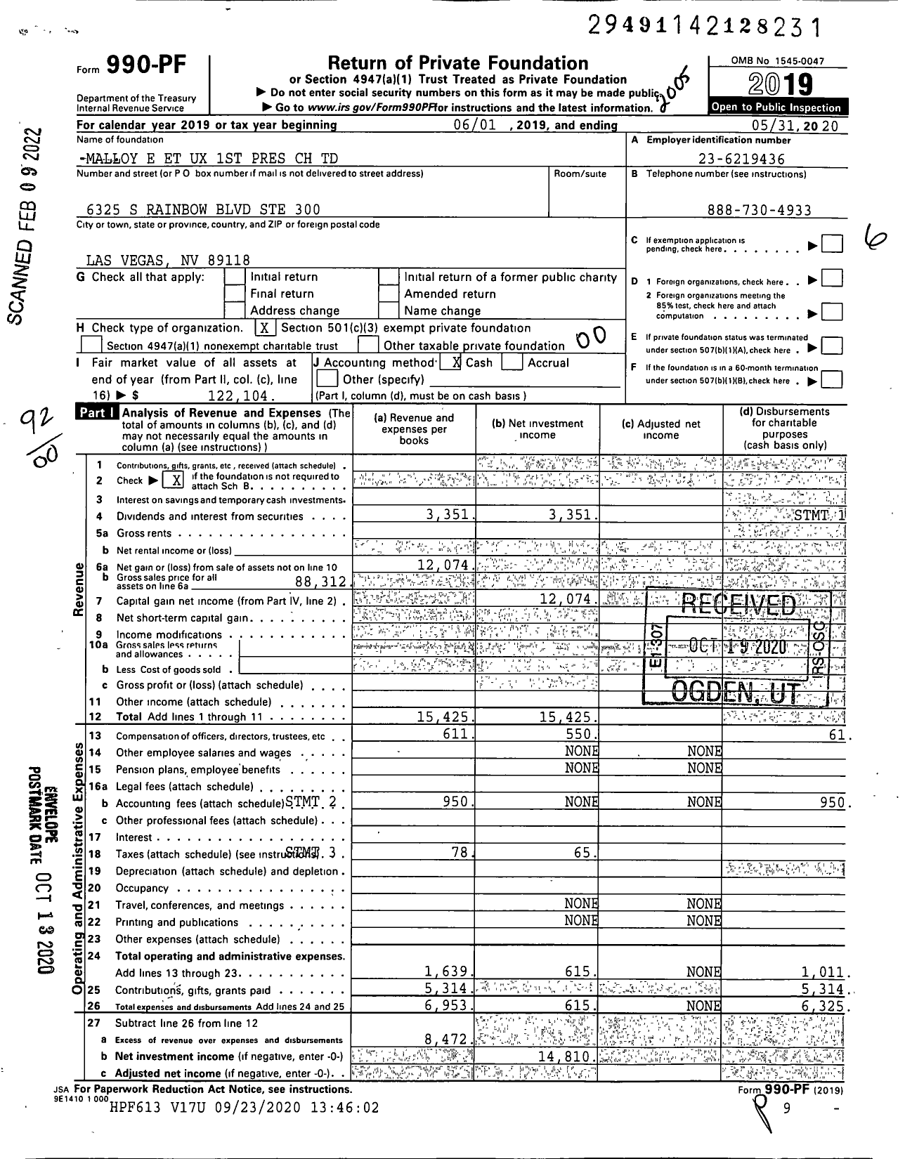 Image of first page of 2019 Form 990PF for Malloy E Et Ux 1st Pres CH TD