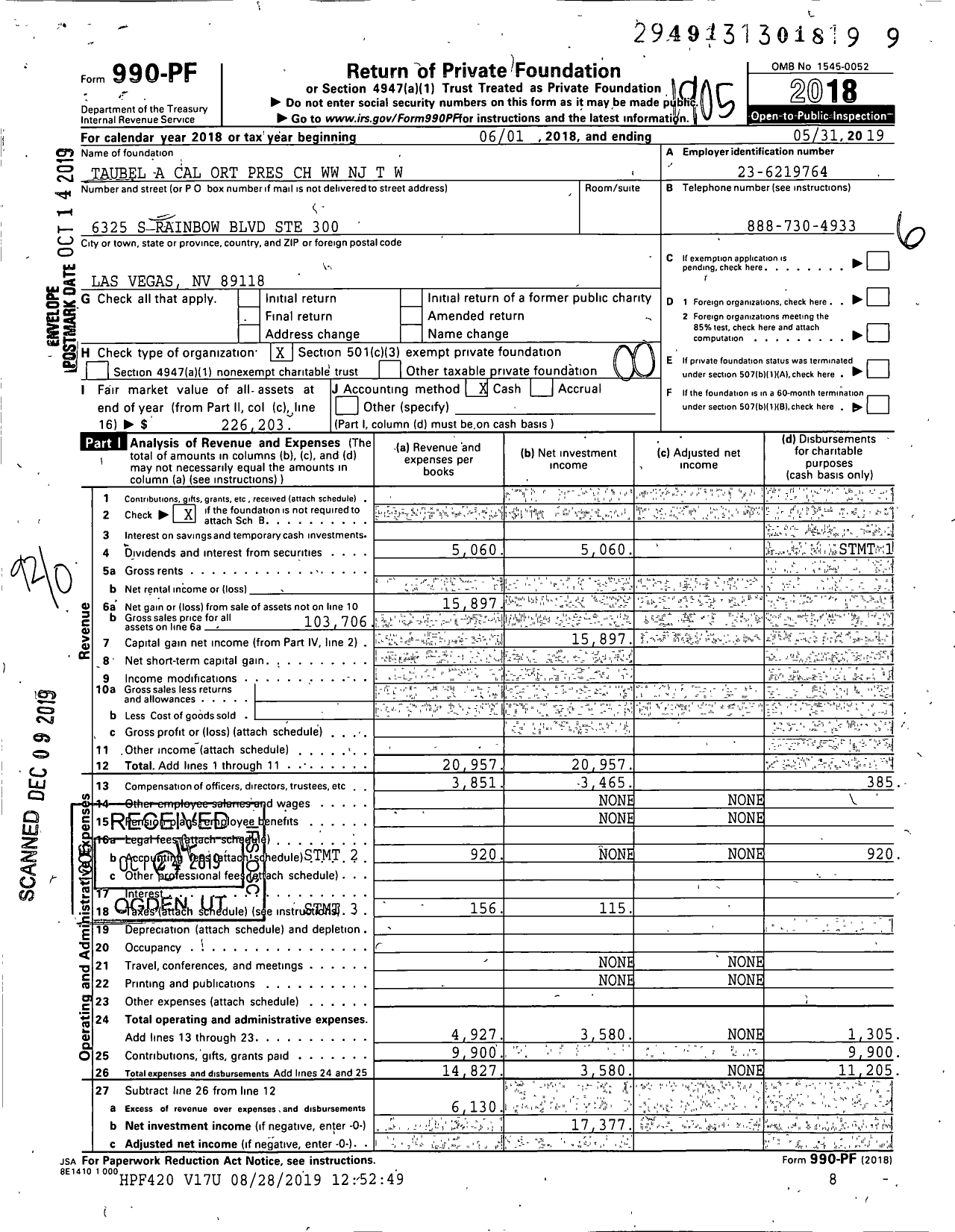 Image of first page of 2018 Form 990PF for Taubel A Cal Ort Pres CH WW NJ T W