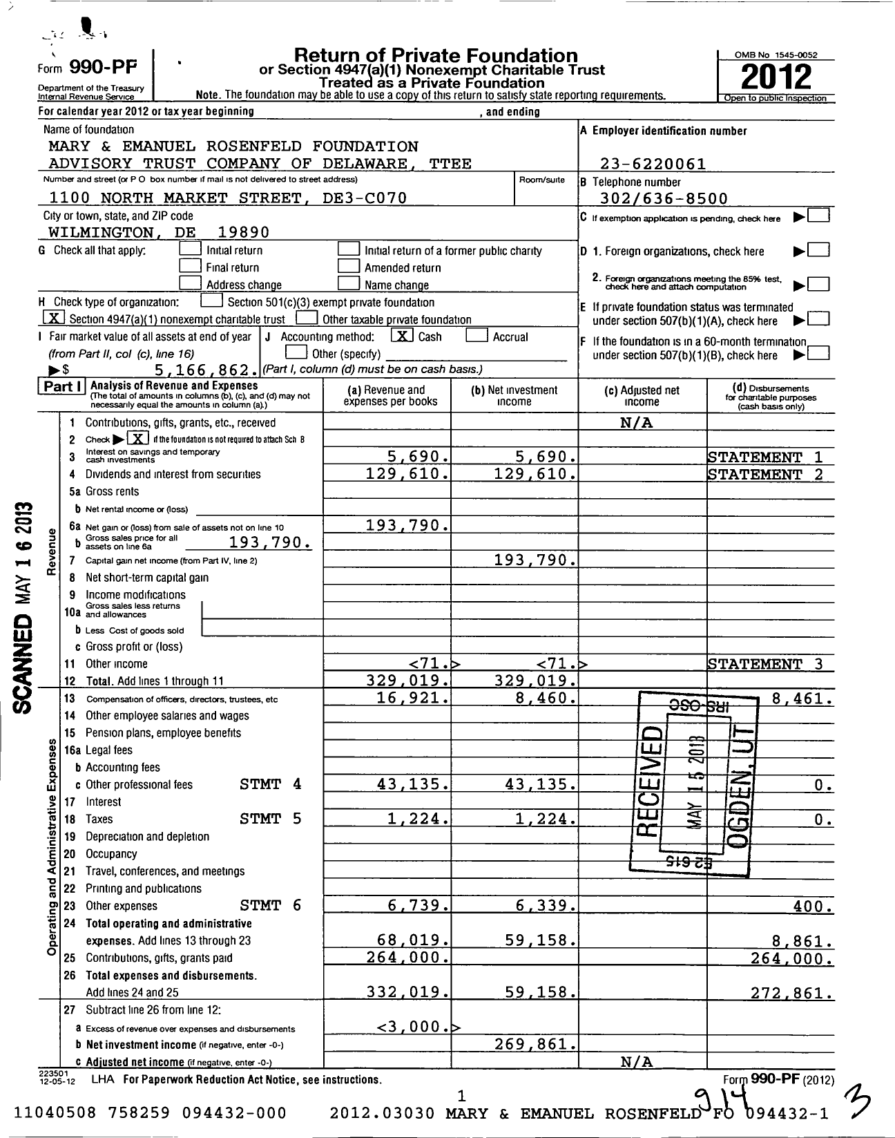 Image of first page of 2012 Form 990PF for Mary and Emanuel Rosenfeld Foundation