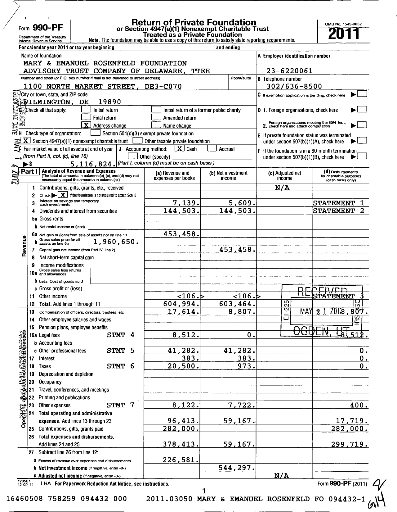 Image of first page of 2011 Form 990PF for Mary and Emanuel Rosenfeld Foundation