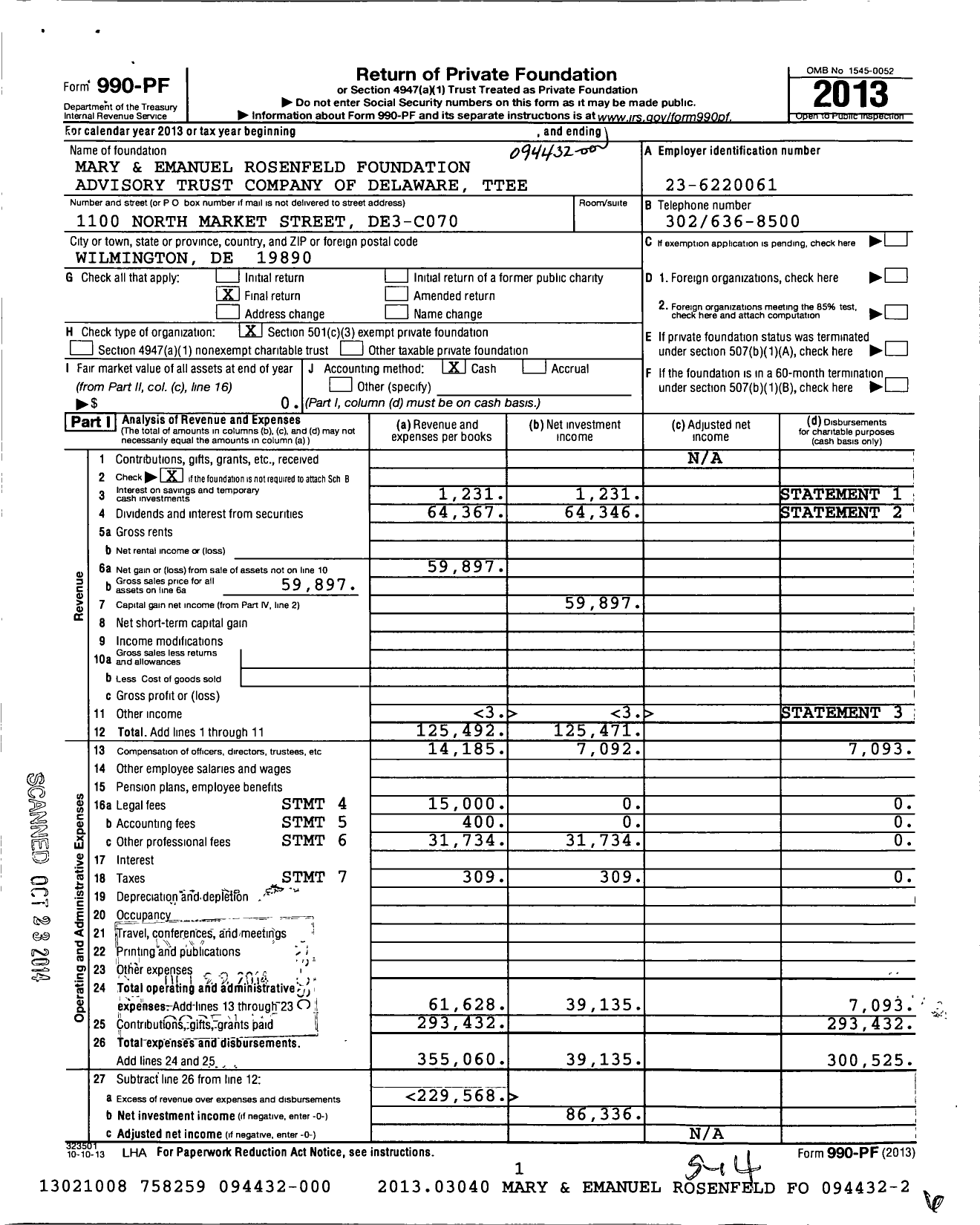 Image of first page of 2013 Form 990PF for Mary and Emanuel Rosenfeld Foundation