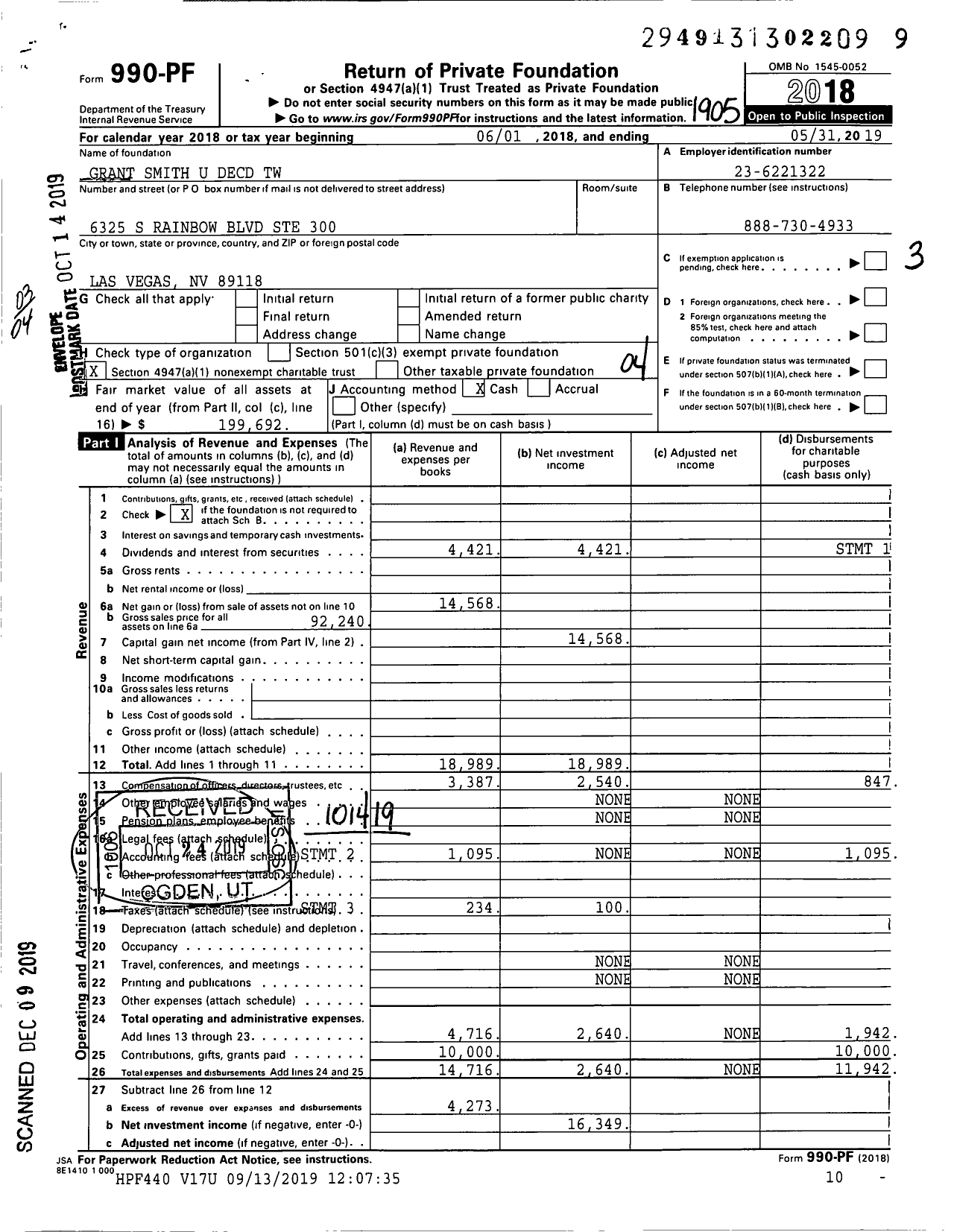 Image of first page of 2018 Form 990PF for Grant Smith U Decd TW