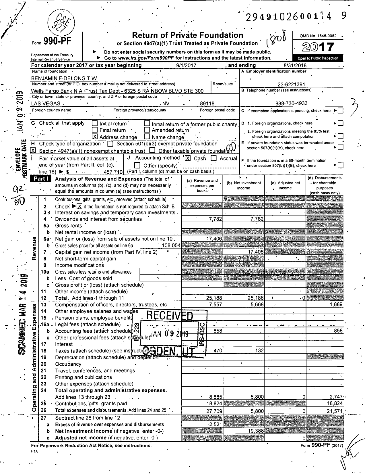 Image of first page of 2017 Form 990PF for Benjamin F Delong T W