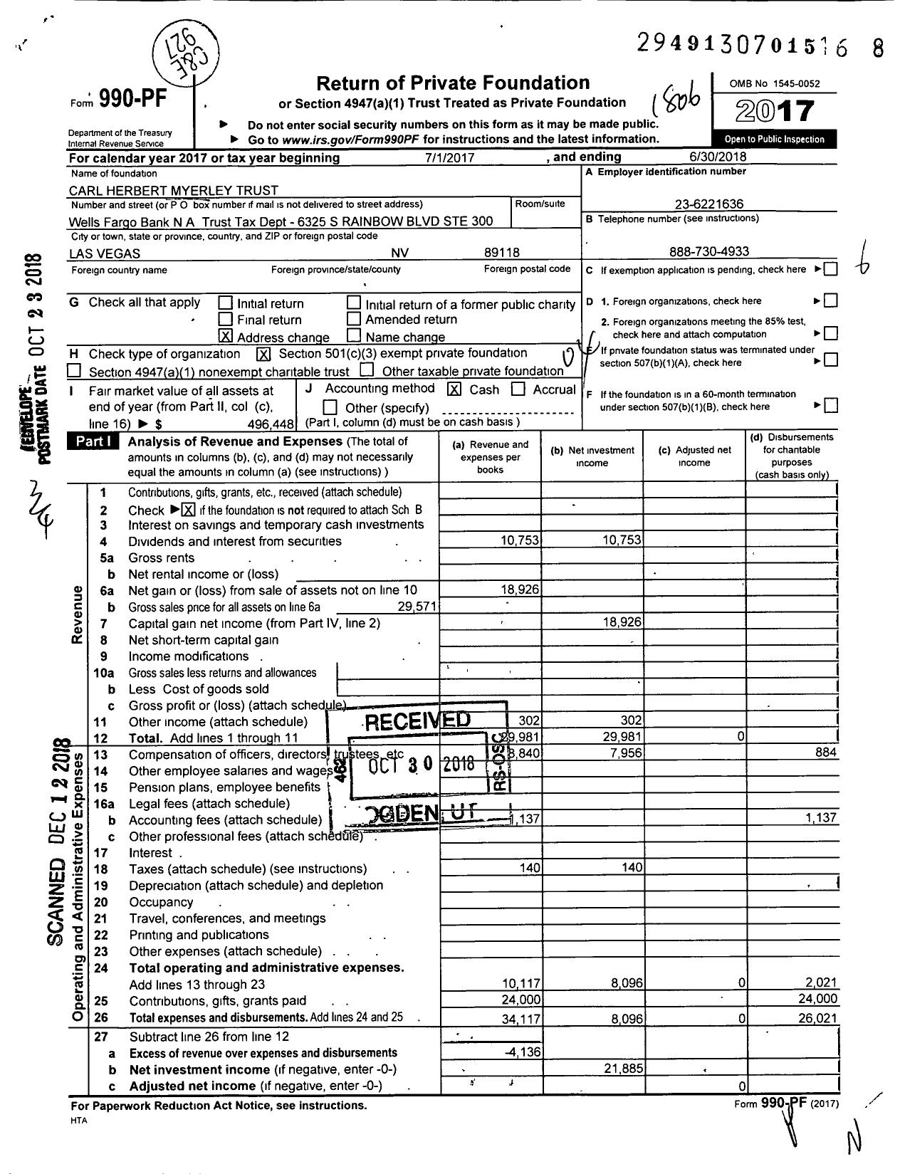 Image of first page of 2017 Form 990PF for Carl Herbert Myerley Trust