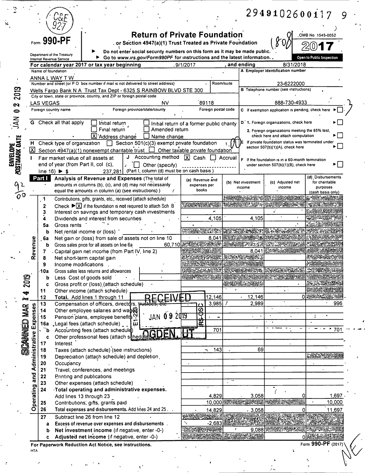 Image of first page of 2017 Form 990PF for Anna L Way T W