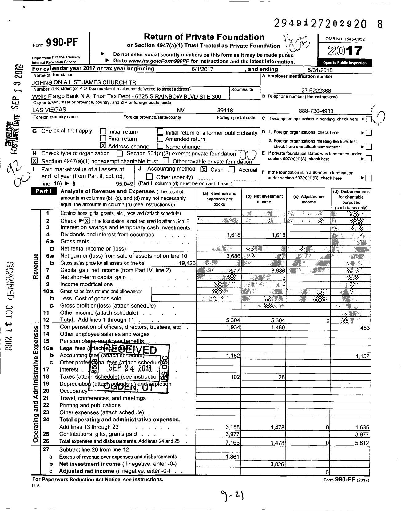 Image of first page of 2017 Form 990PF for Johnson A L St James Church Trust