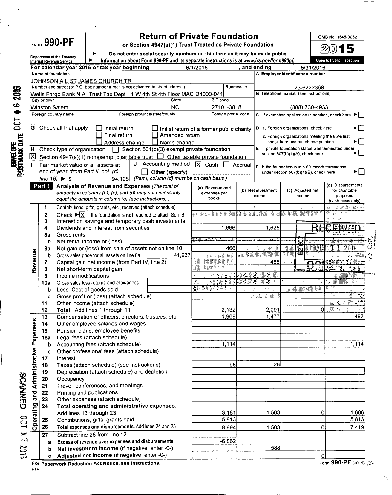 Image of first page of 2015 Form 990PF for Johnson A L St James Church Trust