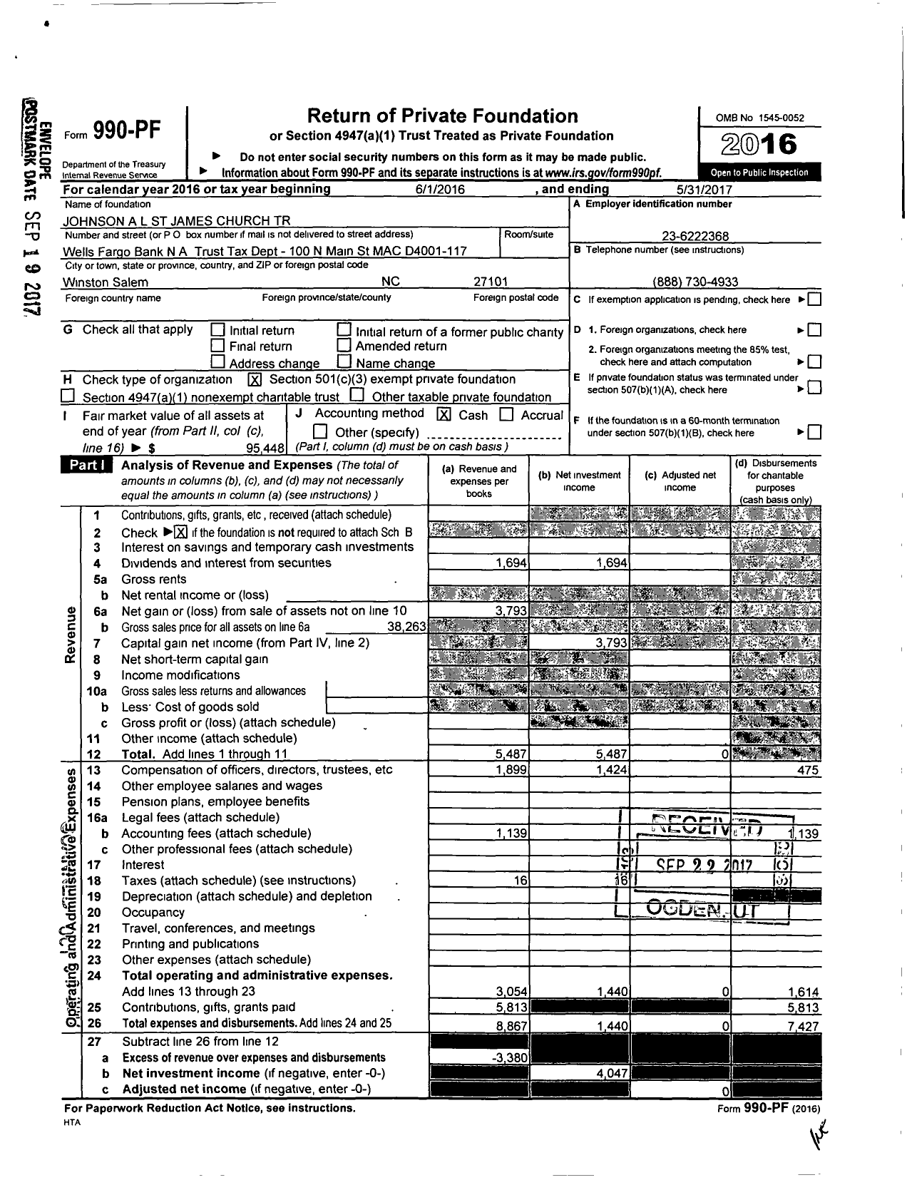 Image of first page of 2016 Form 990PF for Johnson A L St James Church Trust