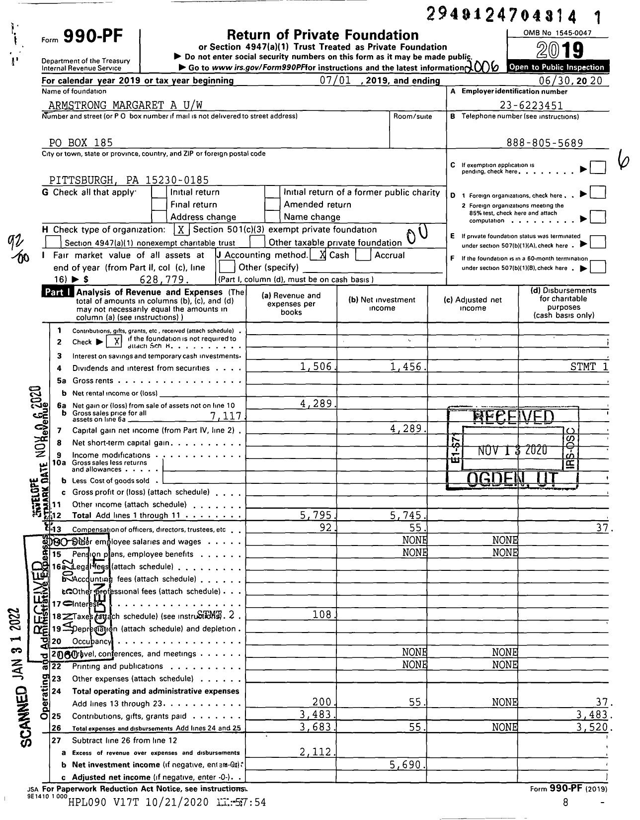 Image of first page of 2019 Form 990PF for Armstrong Margaret A Uw