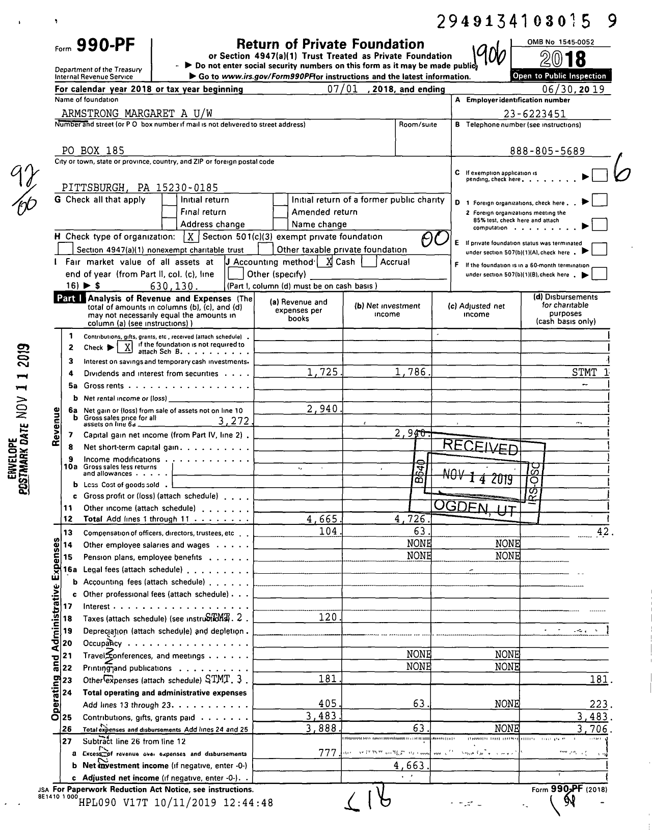 Image of first page of 2018 Form 990PF for Armstrong Margaret A Uw