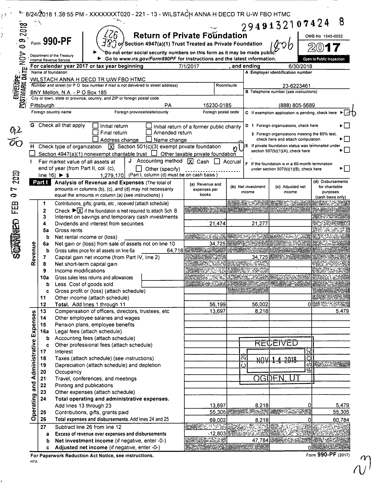 Image of first page of 2017 Form 990PF for Wilstach Anna H Decd TR Uw Fbo HTMC