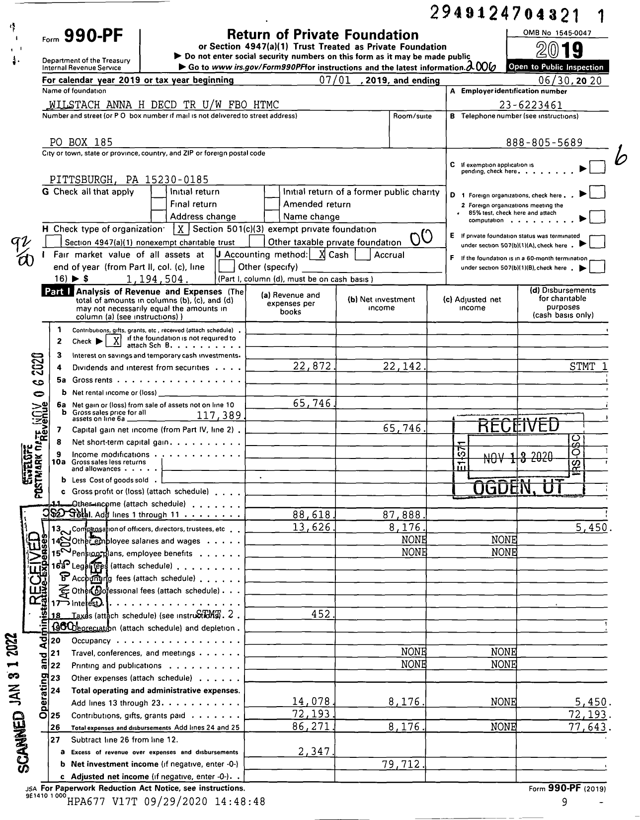 Image of first page of 2019 Form 990PF for Wilstach Anna H Decd TR Uw Fbo HTMC