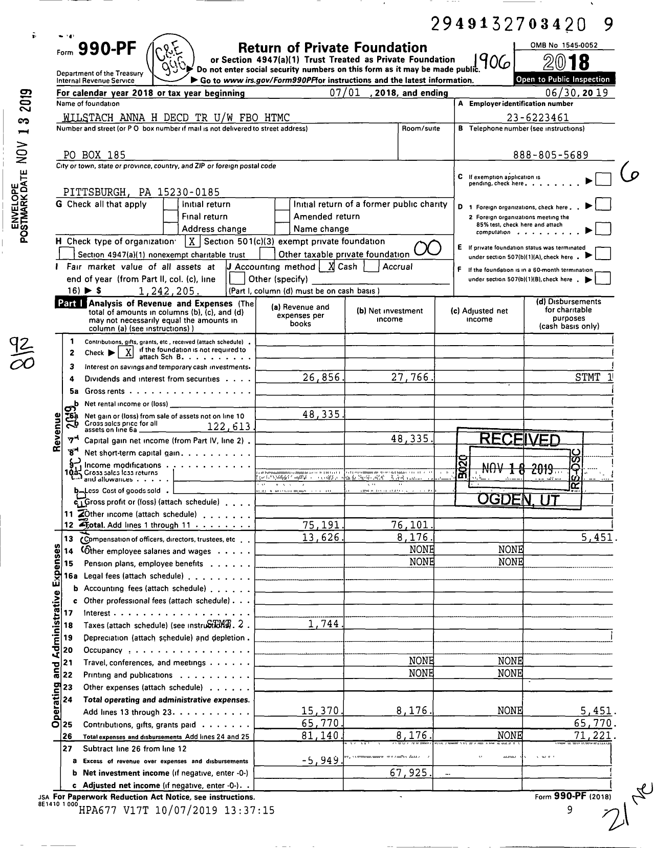 Image of first page of 2018 Form 990PF for Wilstach Anna H Decd TR Uw Fbo HTMC