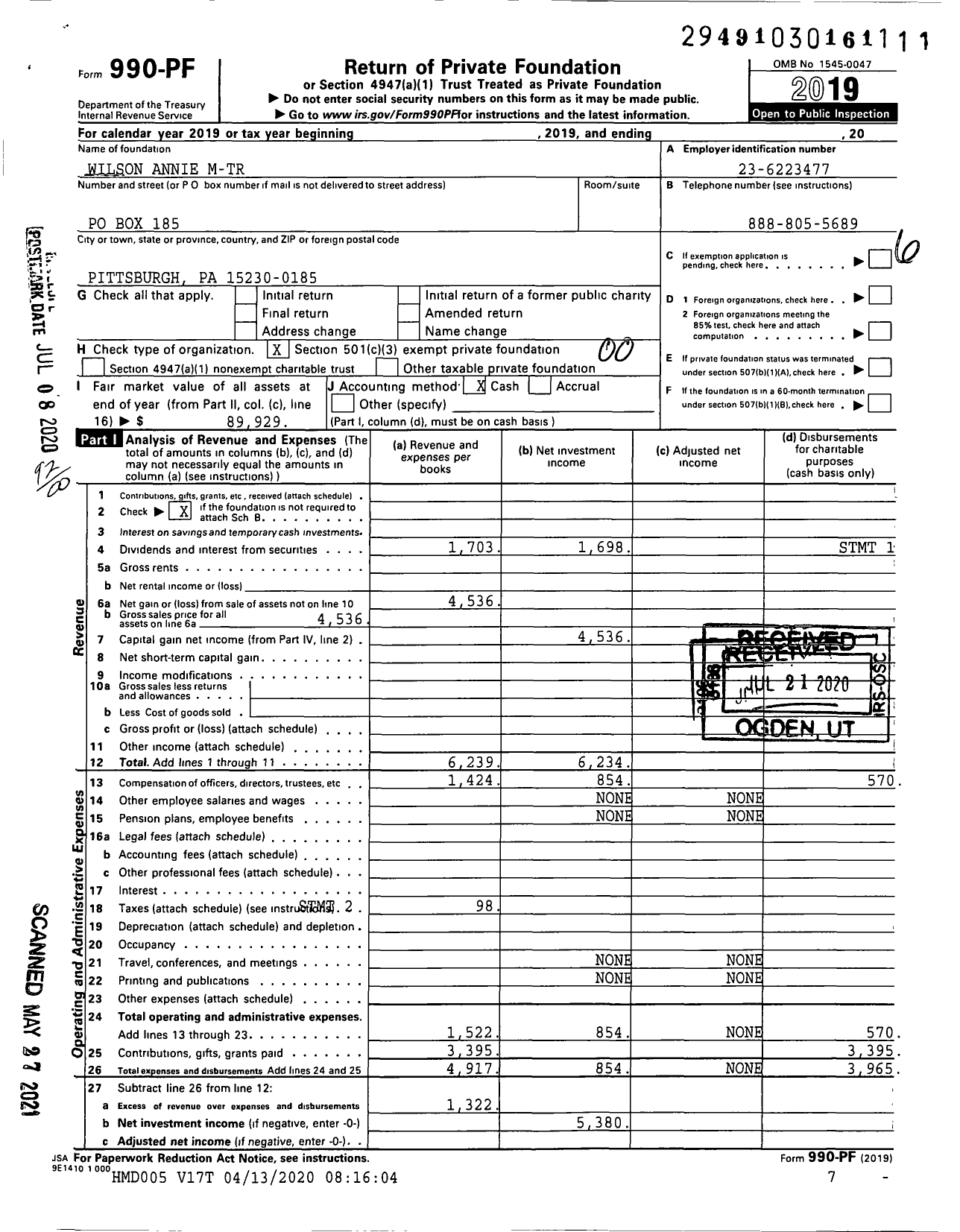 Image of first page of 2019 Form 990PF for Wilson Annie M-TR