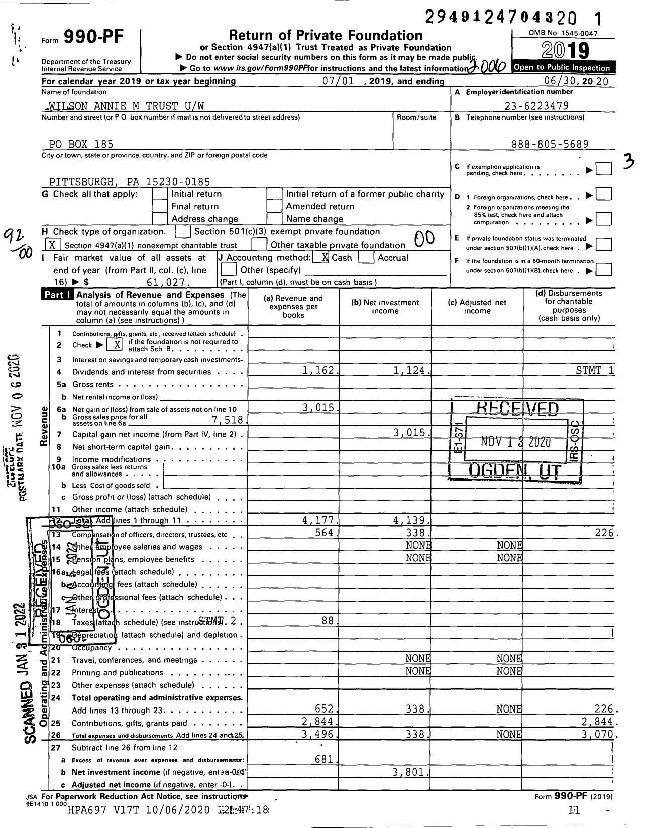 Image of first page of 2019 Form 990PF for Wilson Annie M Trust Uw