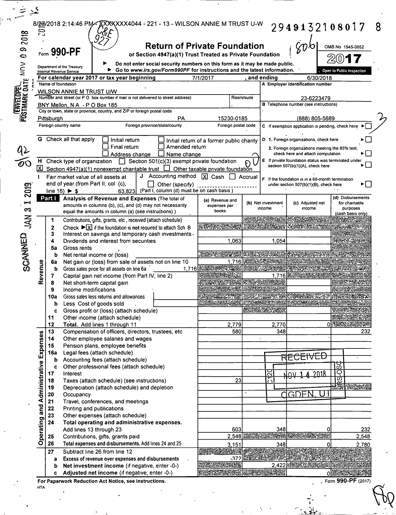 Image of first page of 2017 Form 990PF for Wilson Annie M Trust Uw