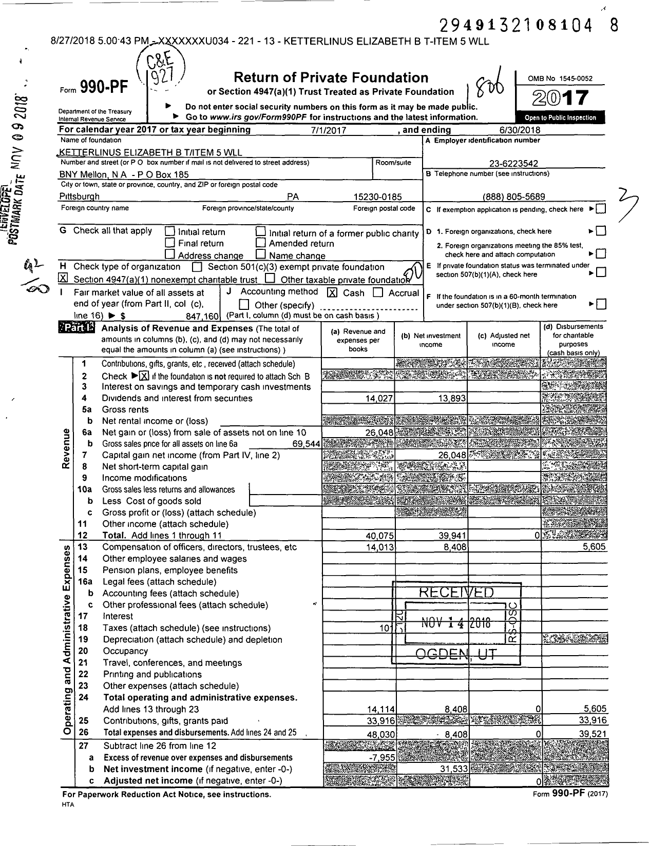 Image of first page of 2017 Form 990PF for Ketterlinus Elizabeth B Titem 5 WLL